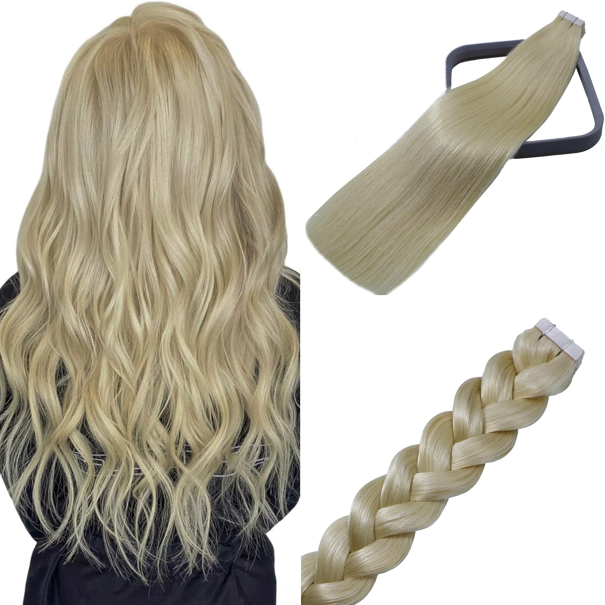 WindTouch Tape in Hair Extensions - Double Sided Adhesive Tape for Platinum Blonde Human Hair Extensions (50g, 16 Inch, 20 Pieces) | Seamless Straight Full End | Natural Real Human Hair for Everyday Styling & Special Occasions