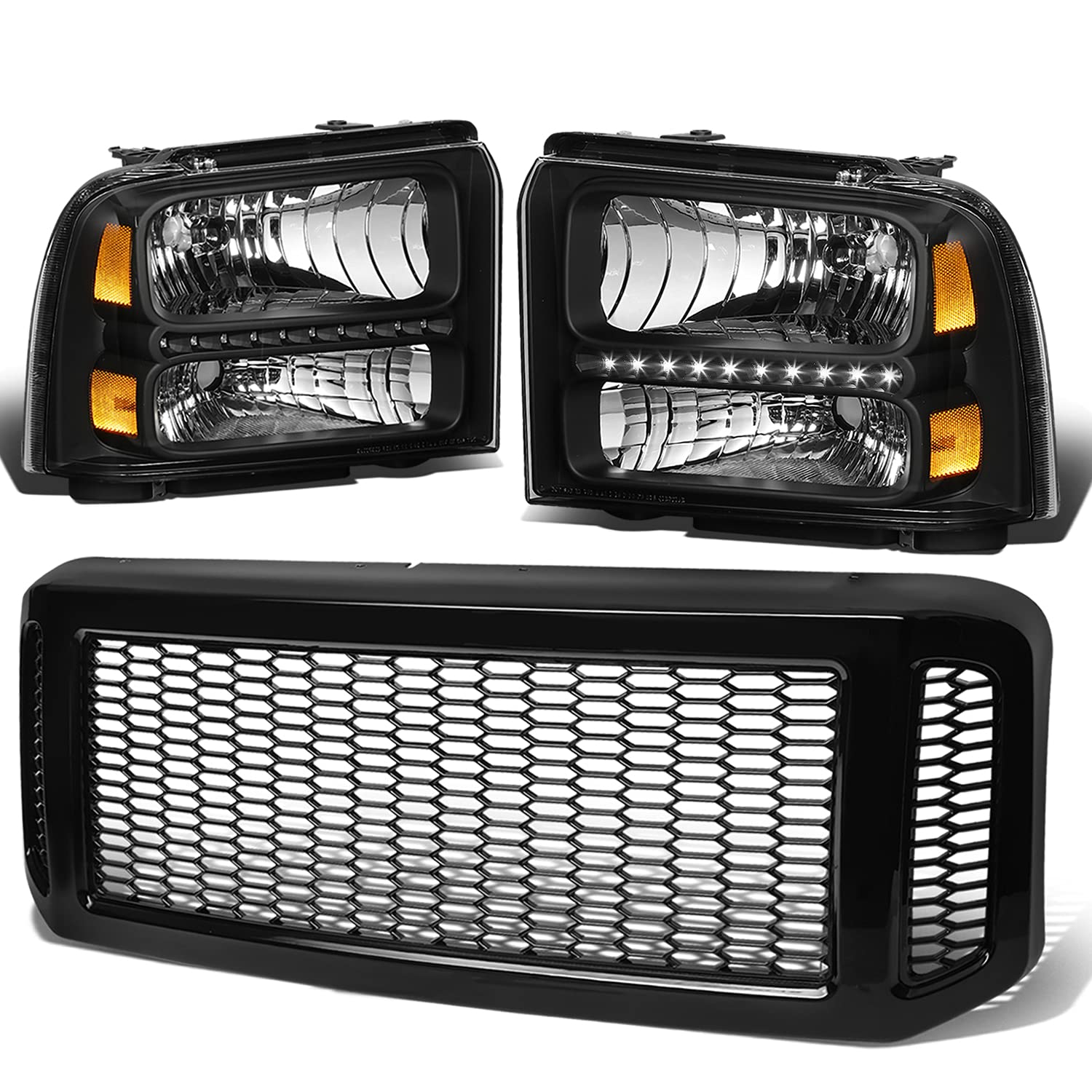 3D LED DRL Headlights & Grille Set for Ford F250-F550 05-07 - Black for Off-Road & Custom Builds
