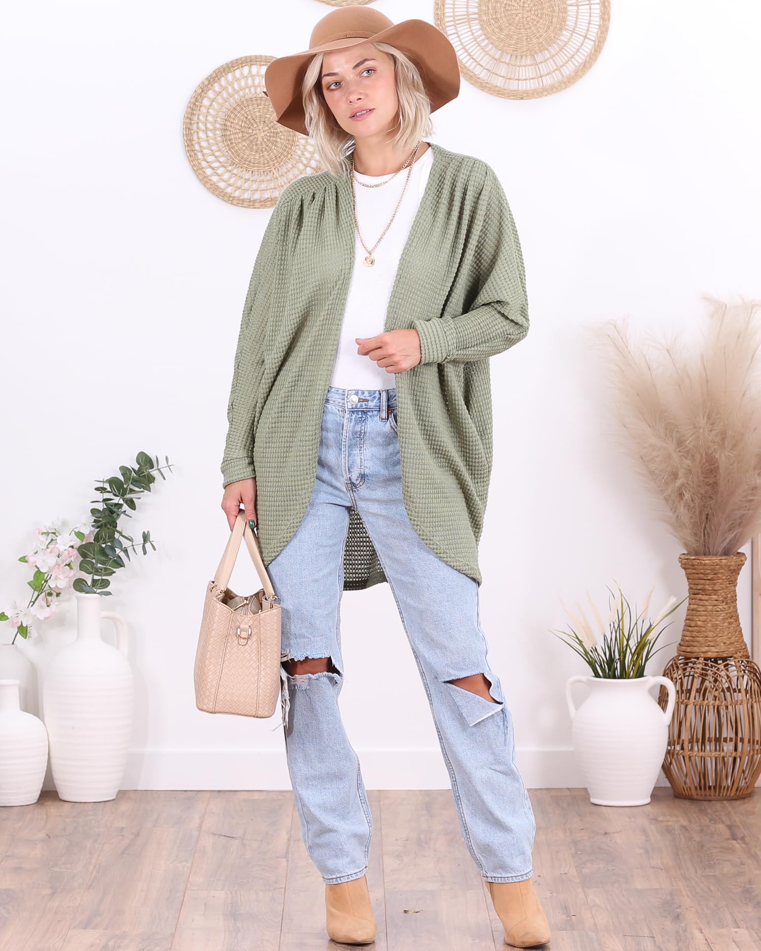 Popana Long Oversized Fall Batwing Waffle Knit Cardigan Sweater for Women with Pockets - Plus Size Cozy Loungewear for Autumn & Winter - Perfect for Casual Outfits, Work from Home & Coffee Dates