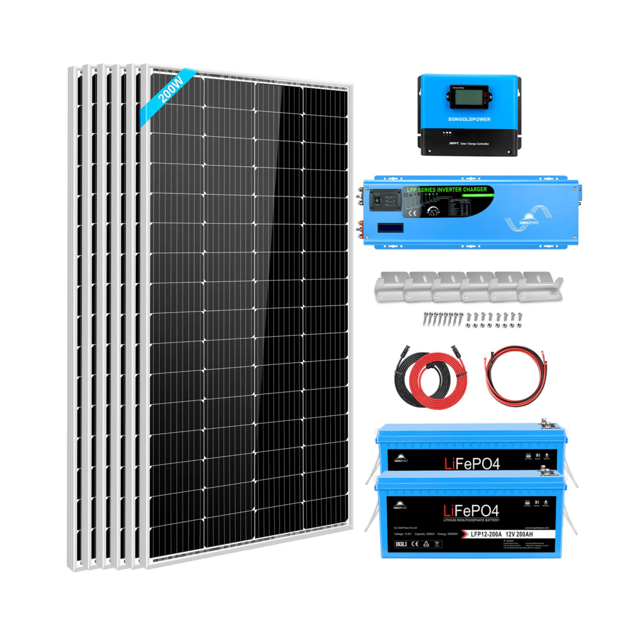 SunGoldPower Off-Grid Solar Kit 4000W Pure Sine Wave Inverter with 1200W Solar Panels & 12V LiFePO4 Battery - 120V/240V Output for Home Backup Power, RV, and Emergency Use