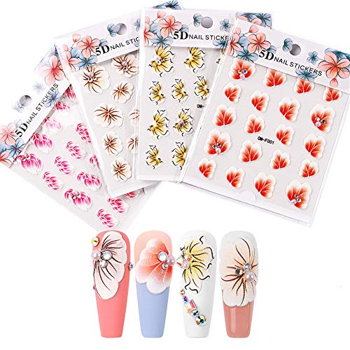 5D Acrylic Flower Nail Stickers - 4 Sheets of Embossed Lace Lavender Water Decals for Nail Art | DIY Manicure, Salon Nails, Bridal & Party Nail Designs
