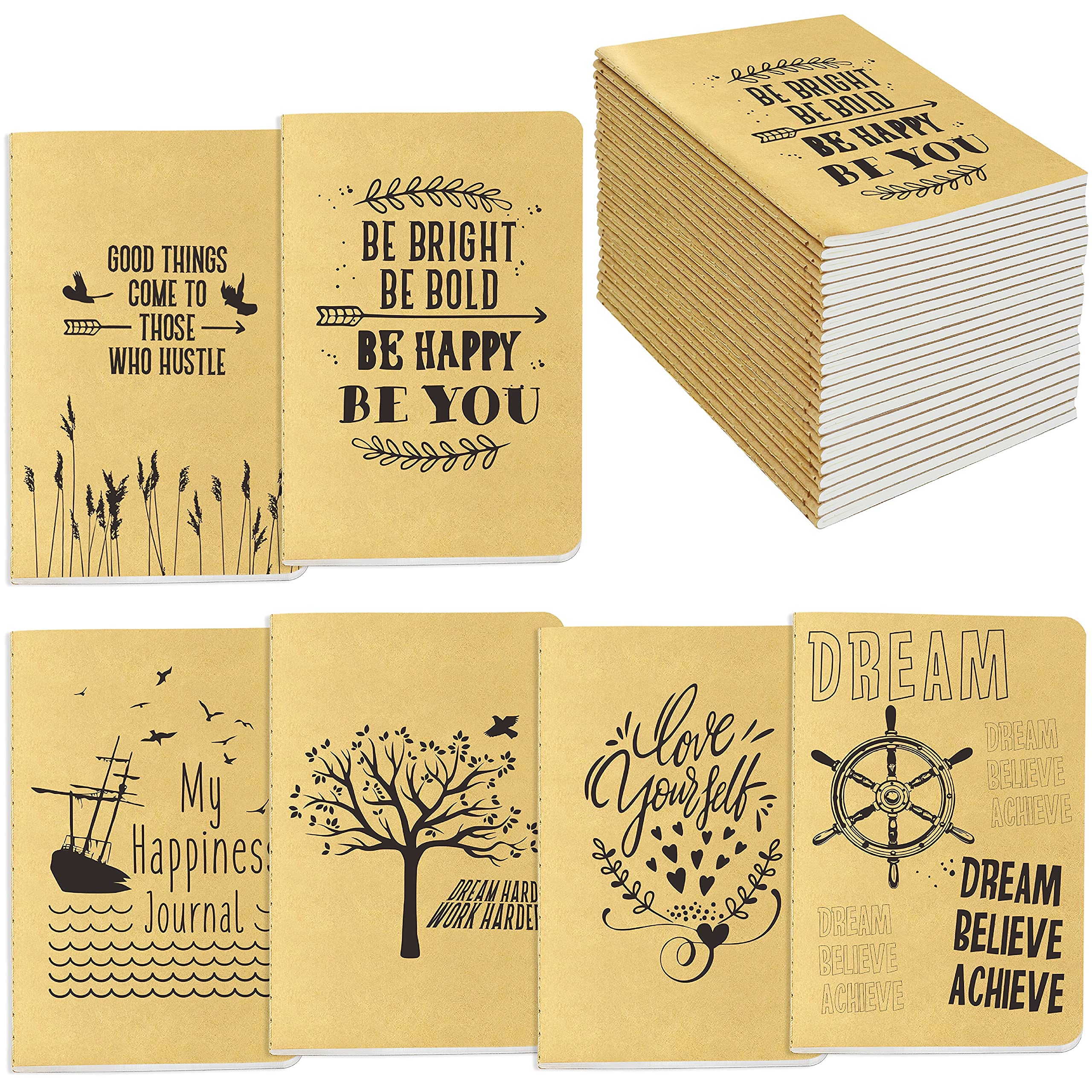 JOYO 24 Pack Kraft Unlined Notebook Journal - 6 Stylish Designs, 80 Pages Each (4” x 5.7”) - Perfect for Travel, Sketching, Bullet Journaling & Gift Giving