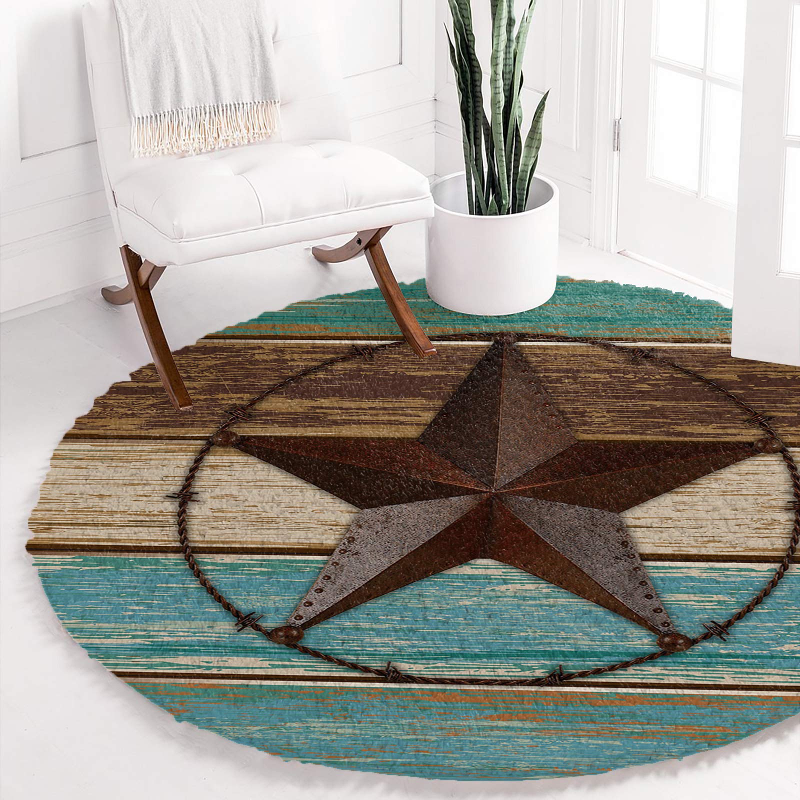 Fluffy Round Area Rug 4ft - Western Texas Star Design, Plush Shaggy Soft Circular Carpet, Non-Slip Fuzzy Accent Floor Mat for Living Room, Bedroom, Nursery - Home Decor in Teal & Brown (Perfect for Cozy Spaces, Kids Play Areas & Western-Themed Interiors)