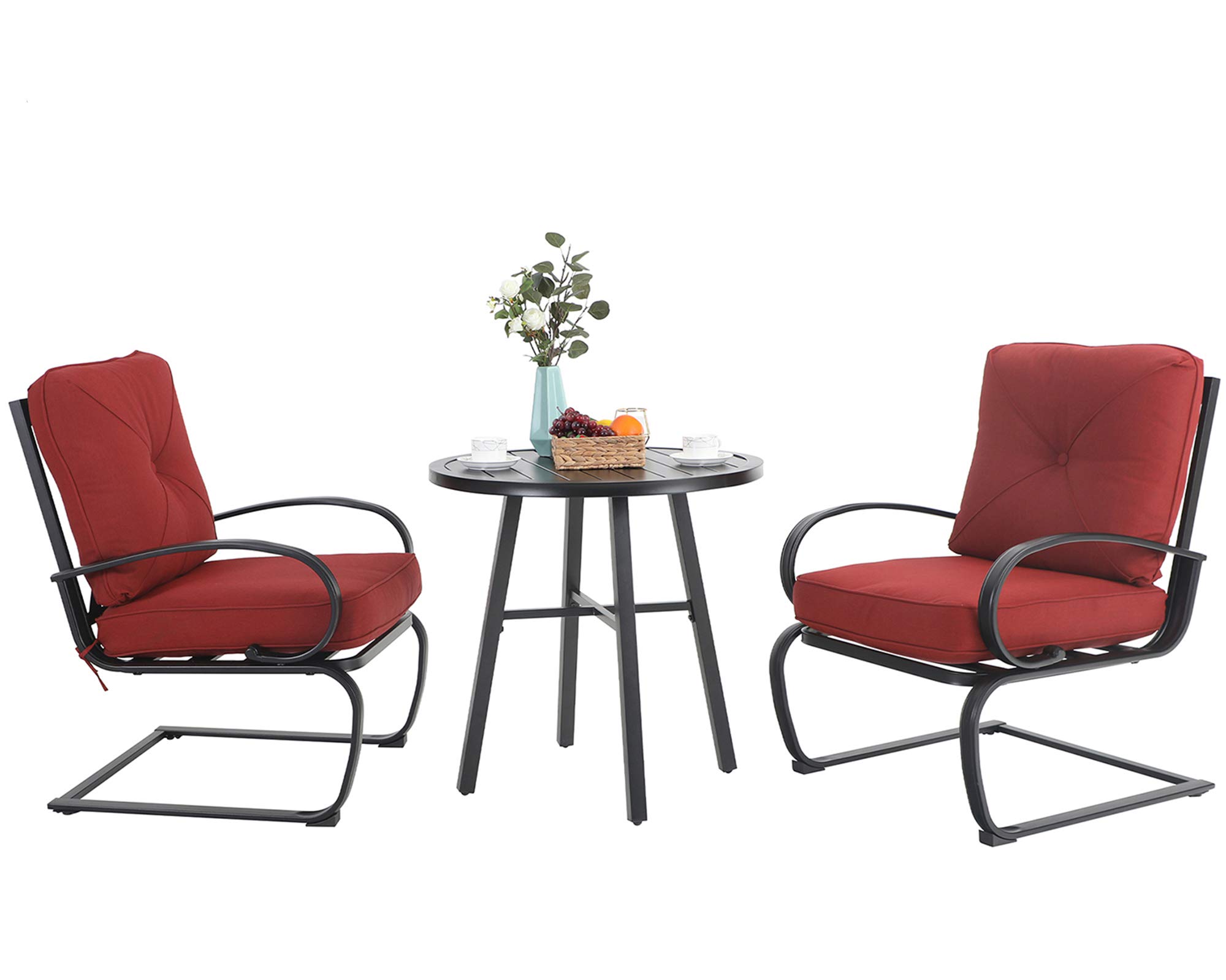 MFSTUDIO 3-Piece Patio Bistro Set - Outdoor Dining Furniture with 2 Spring Motion Chairs & 1 Metal Coffee Table - Burgundy Red Garden Conversation Set for Backyard, Lawn, Deck or Poolside Relaxation
