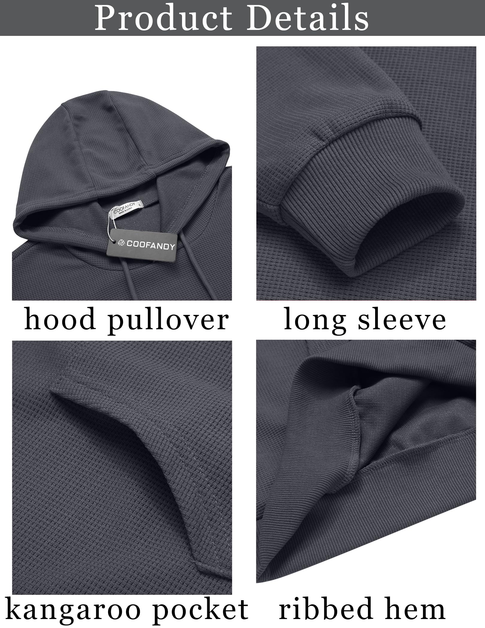 COOFANDY Men's Hooded Sweatshirt - Long Sleeve Waffle Knit Pullover Hoodie with Pocket | Casual Streetwear for Fall & Winter | Perfect for Outdoor Activities, Gym, and Everyday Wear