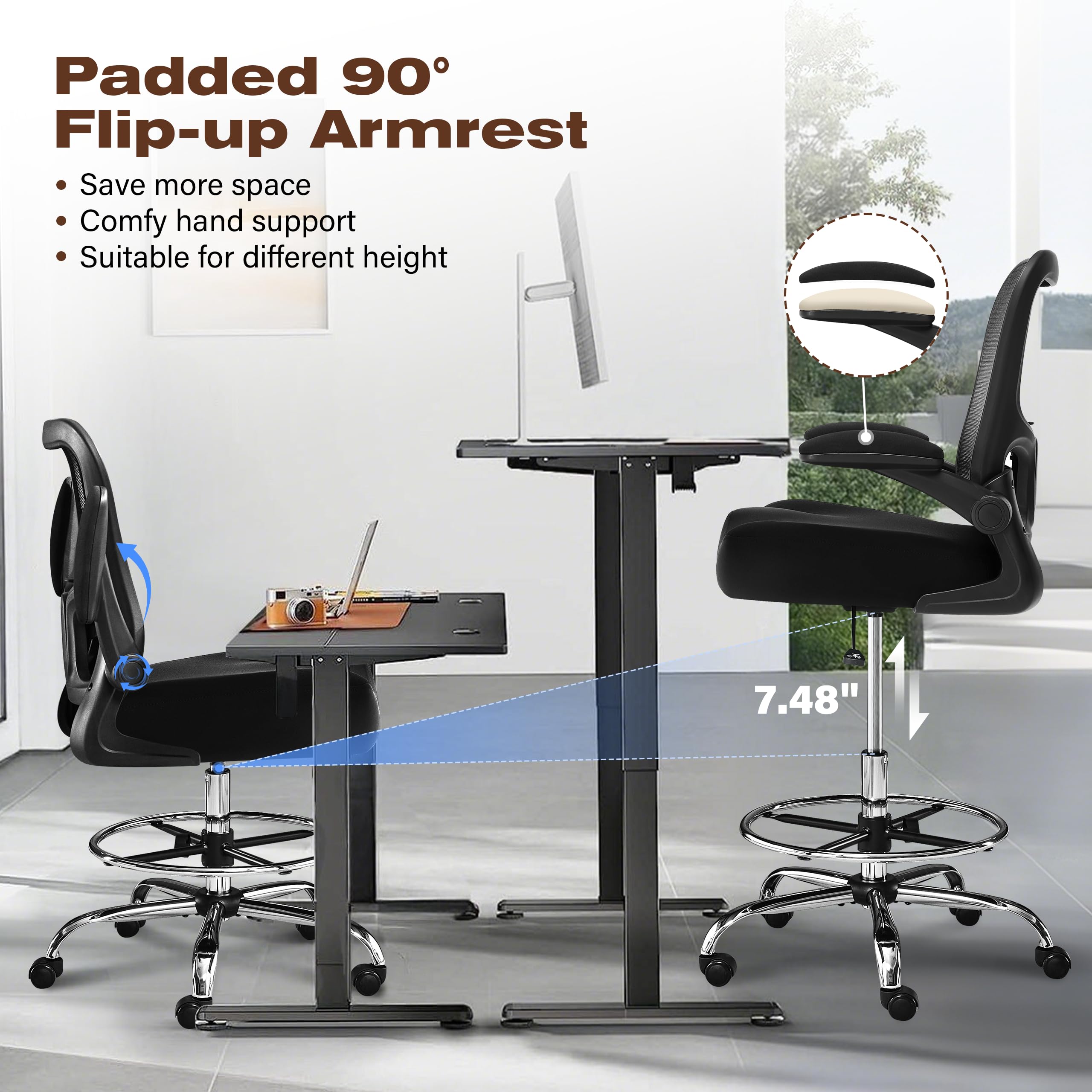 400LBS Heavy Duty Drafting Chair - Adjustable Lumbar Support & Footrest Ring, Extra Deep W-Shaped Cushion Office Chair with Breathable Mesh Back, Flip-Up Armrests for Standing Desks - Perfect for Architects, Designers & Home Office Workspaces