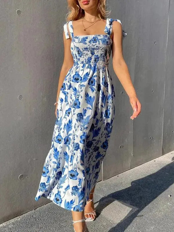Floral Sleeveless Smocked Dress for Women - Summer Boho Maxi Dress with Elastic Waist - Perfect for Beach Vacations, Garden Parties & Date Nights