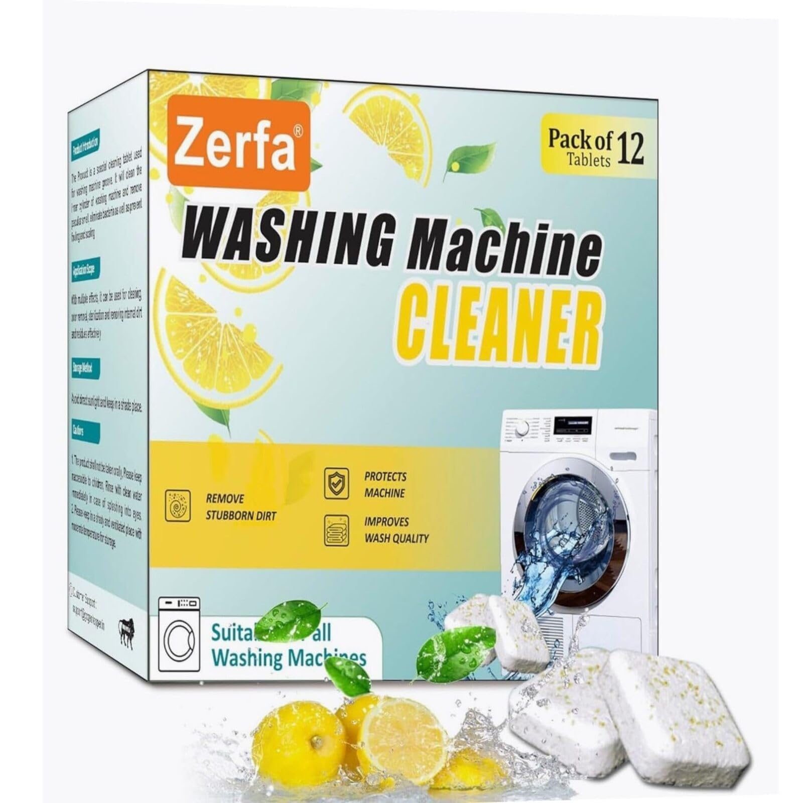 Zerfa 36-Pack Lemon Scented Washing Machine Cleaner Tablets - Powerful Descaling & Stain Remover for Front & Top Load Washers - Freshens Laundry & Eliminates Odors for Cleaner Clothes