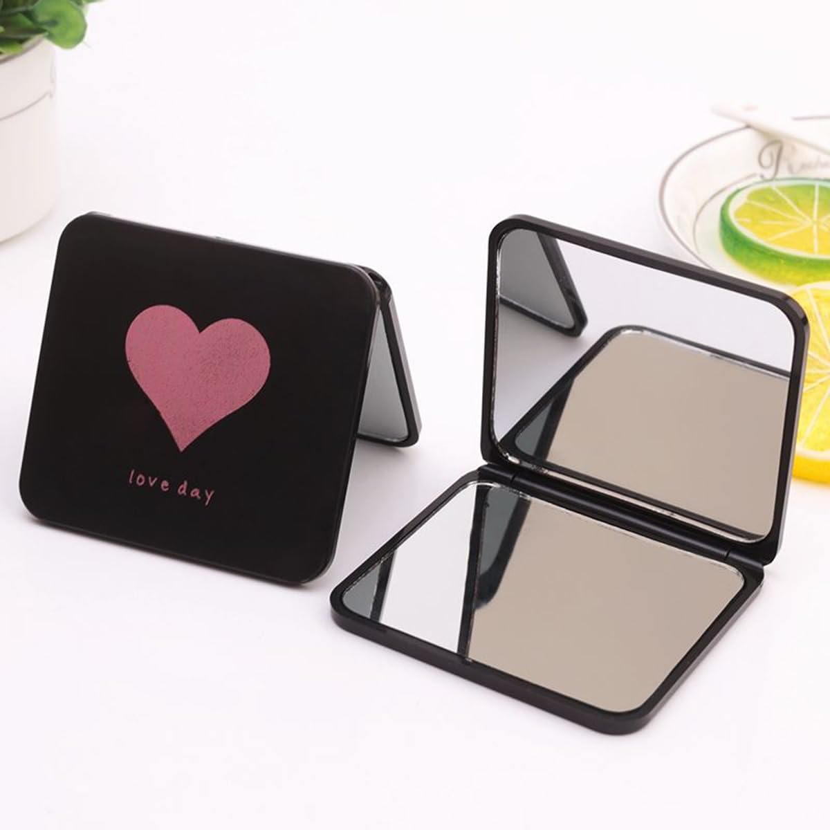 Leeonz Premium Travel Makeup Mirror - Portable 2-Sided Folding Cosmetic Mirror with Magnifier for Women | Handbag & Purse Compact Mirror | Heart Pattern Design | Perfect for Travel, Home & Office Use