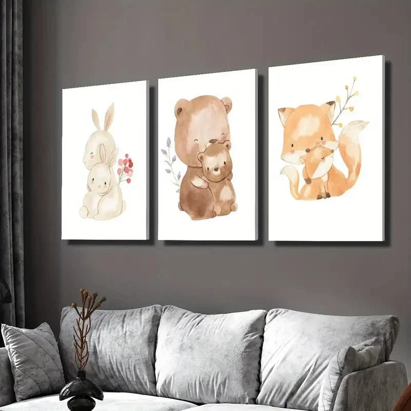 3pcs Cartoon Bunny & Bear Family Wall Art Set - Framed Canvas 40x60cm - High Quality Print - 100% Australian Made - Ready to Hang - Perfect for Nursery, Kids Room & Home Decor