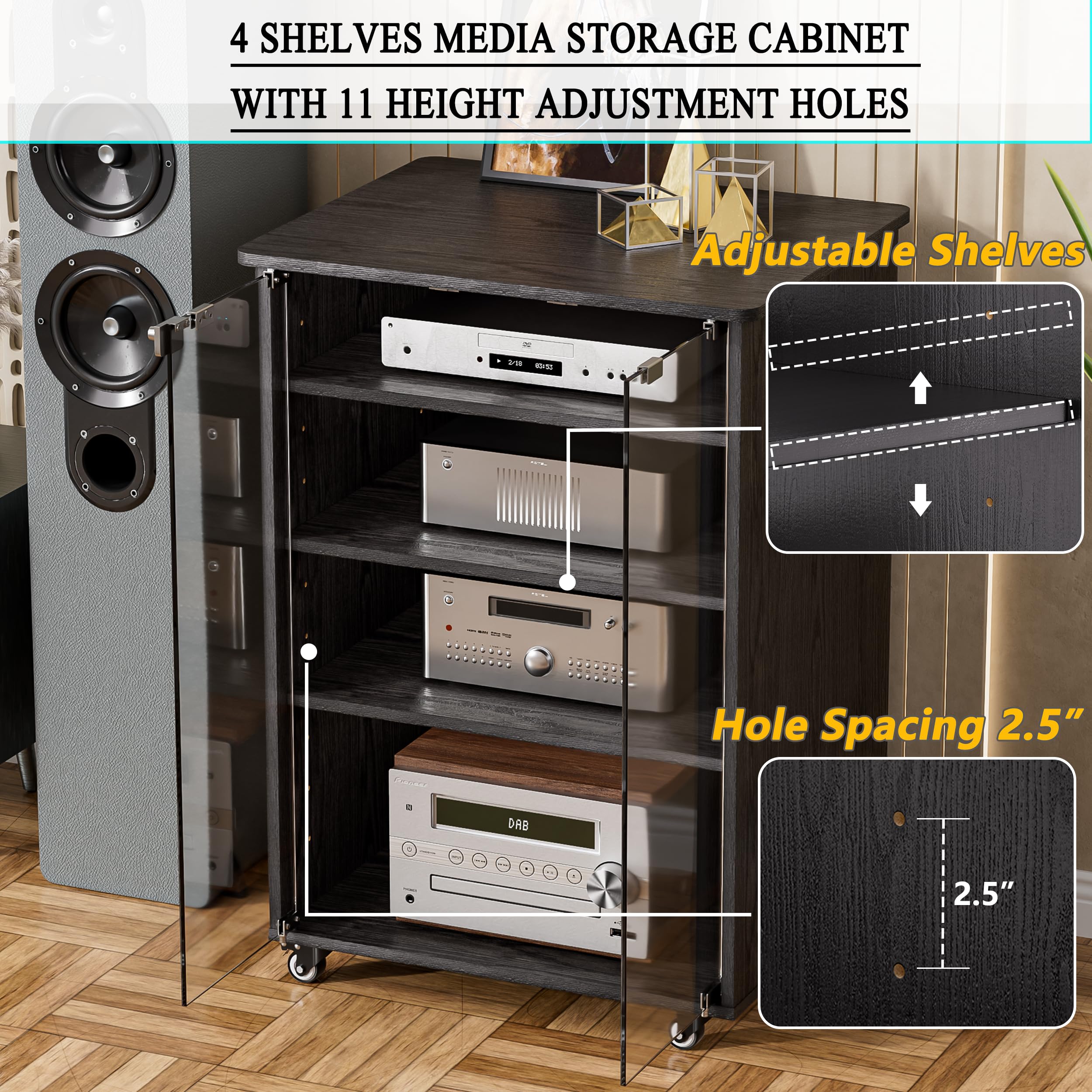 PAKASEPT Adjustable Height Media Storage Cabinet with 4 Shelves & Lockable Glass Doors - Modern AV Stand for DVDs, Games & Electronics - Perfect for Living Room, Home Theater & Office Organization