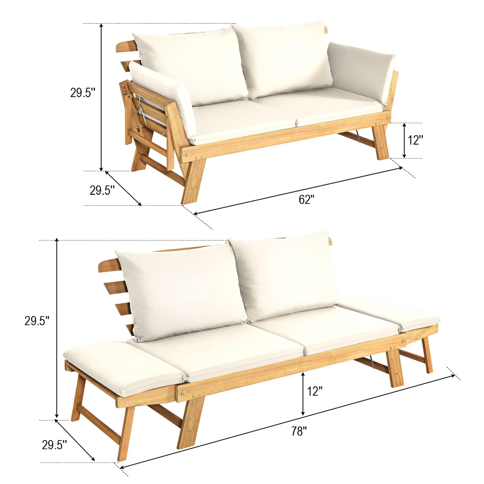 DORTALA Patio Convertible Couch Sofa Bed - Acacia Wood Daybed with Adjustable Armrest, Collapsible Chaise Lounge with Cushions & Pillows - Outdoor Loveseat for Poolside, Courtyard, Garden, Balcony (White) - Perfect for Relaxing, Sunbathing and Outdoor Entertaining