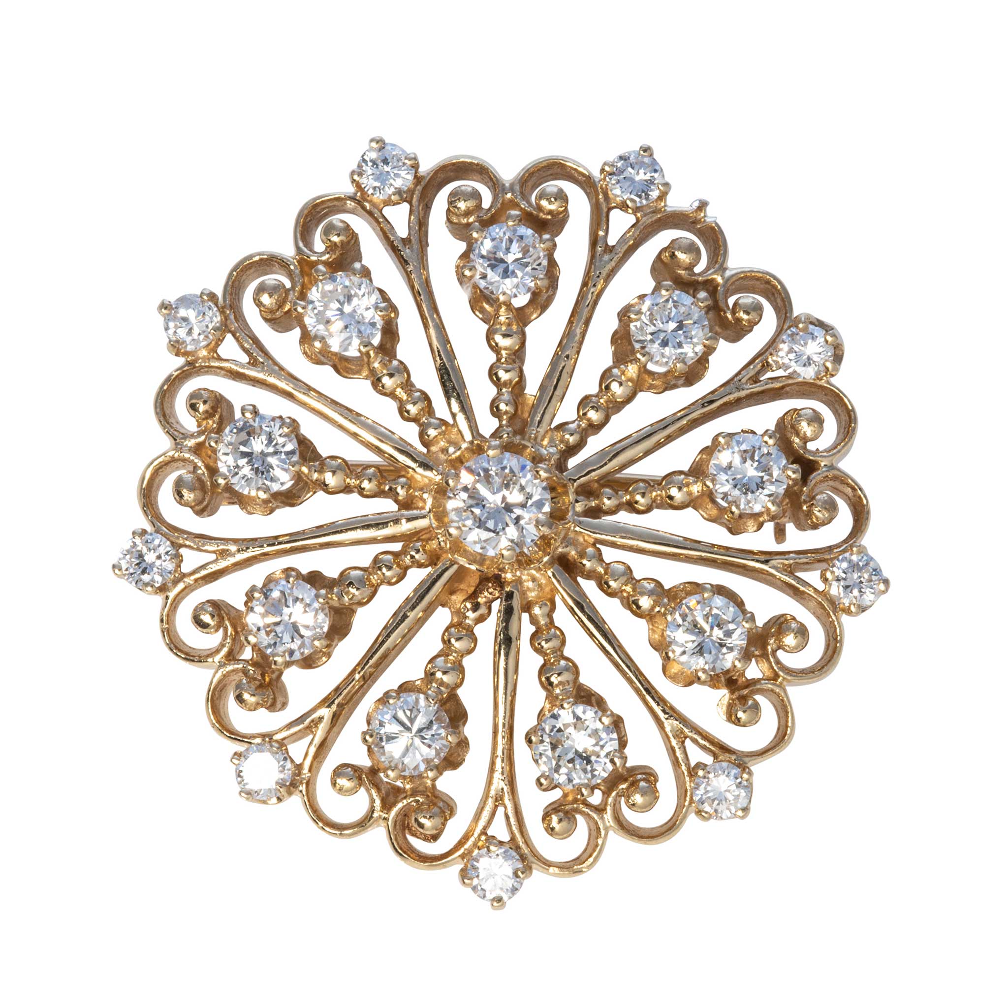 Vintage 2 Carat Total Weight Diamond 14K Gold Filigree Brooch Pin & Pendant Necklace - Elegant Jewelry for Weddings, Anniversaries & Special Occasions