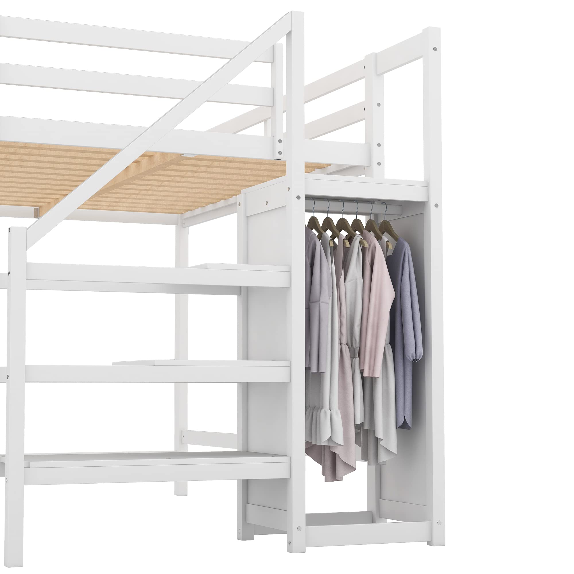 Full Size Loft Bed with Storage Staircase & Wardrobe - Wooden High Loft Bed Frame for Kids, Teens & Adults - Space-Saving Bedroom Solution for Small Rooms, Dorms & Apartments - White by Harper & Bright Designs