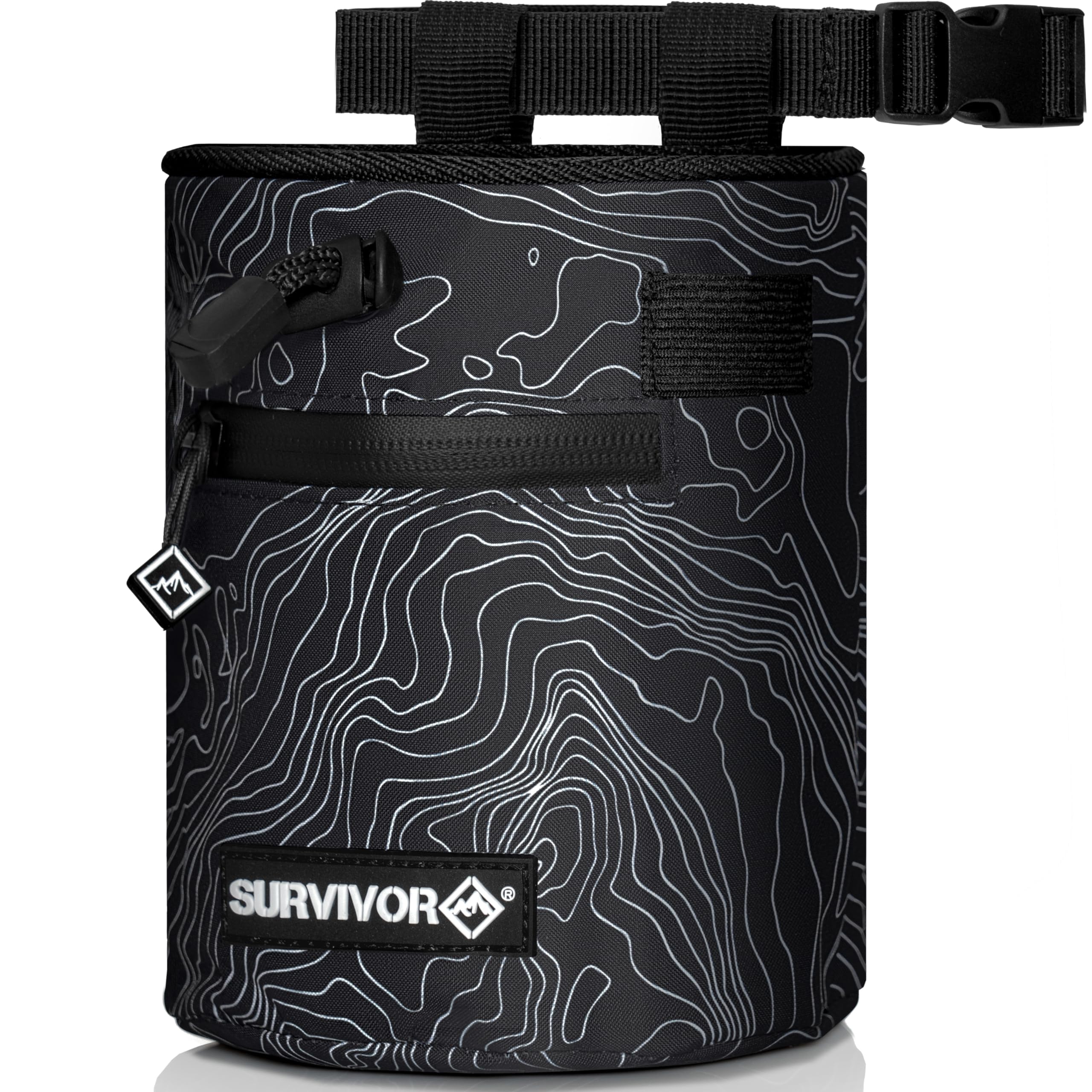 Survivor Chalk Bag for Rock Climbing - Topographic Map Design with Drawstring Closure, 2 Zippered Pockets & Brush Holder - Ideal for Bouldering, Weightlifting, Gymnastics & Workout Training - Perfect for Gym, Outdoor Sports & Fitness Enthusiasts