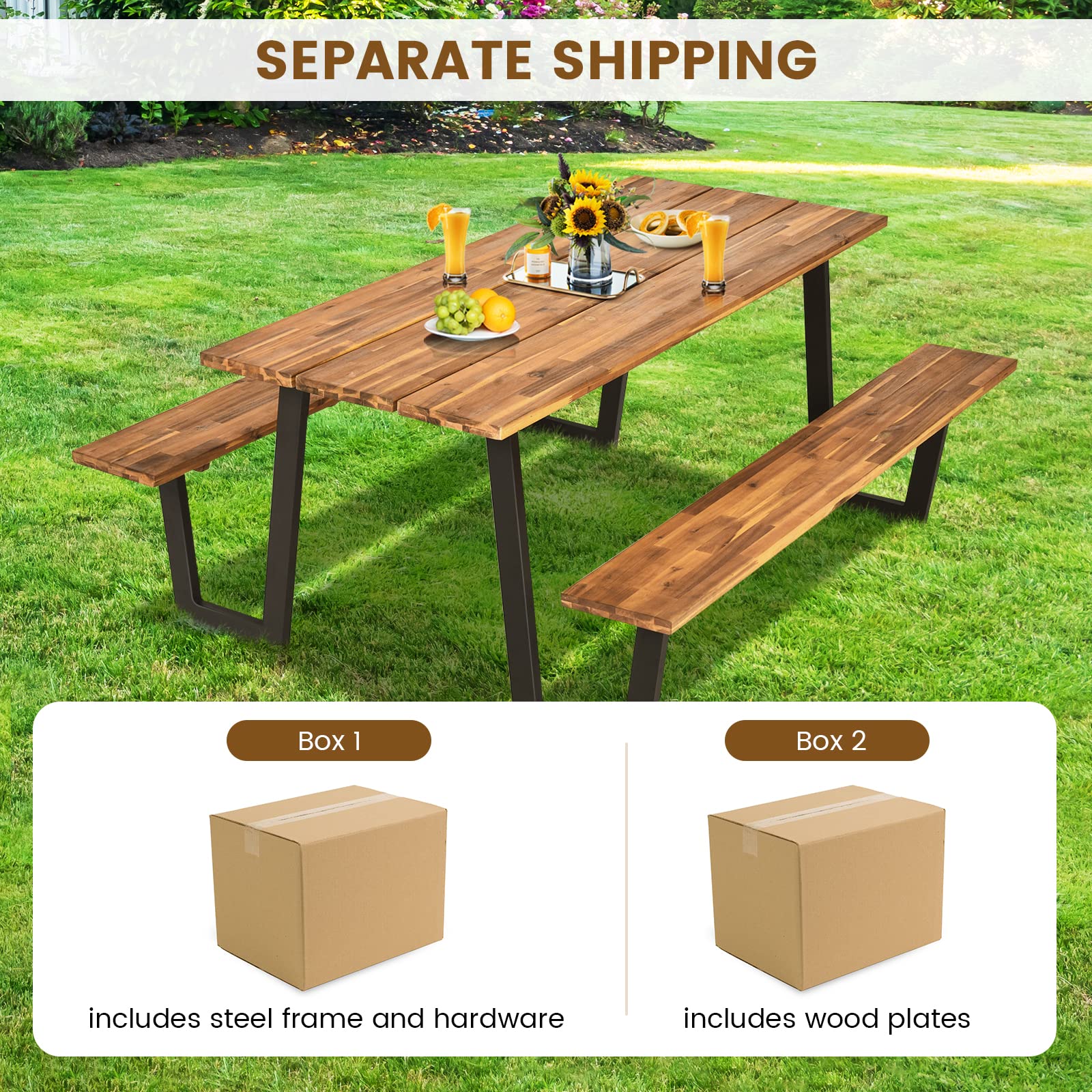 Tangkula 6-Person Acacia Wood Picnic Table Set with 2 Benches & Umbrella Hole - Weather-Resistant Outdoor Dining Table for Backyard, Garden, Patio, BBQ, Picnics & Parties - Steel Frame & Wood-Like Texture Tabletop