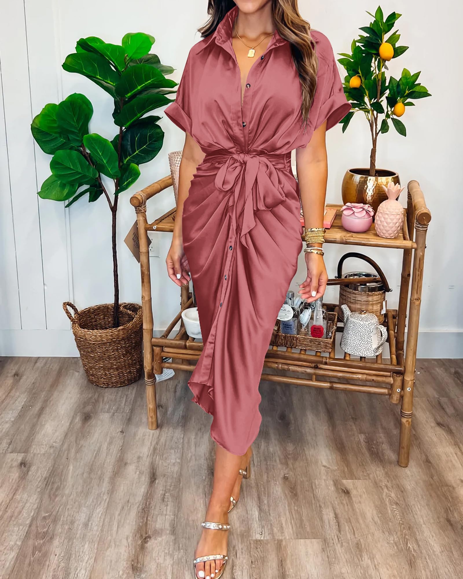 BTFBM 2025 Women's Elegant Ruched Button Down Shirt Dress - Short Sleeve V-Neck Lapel Satin Maxi Dress for Spring Summer, Perfect for Party, Wedding, Cocktail & Formal Occasions