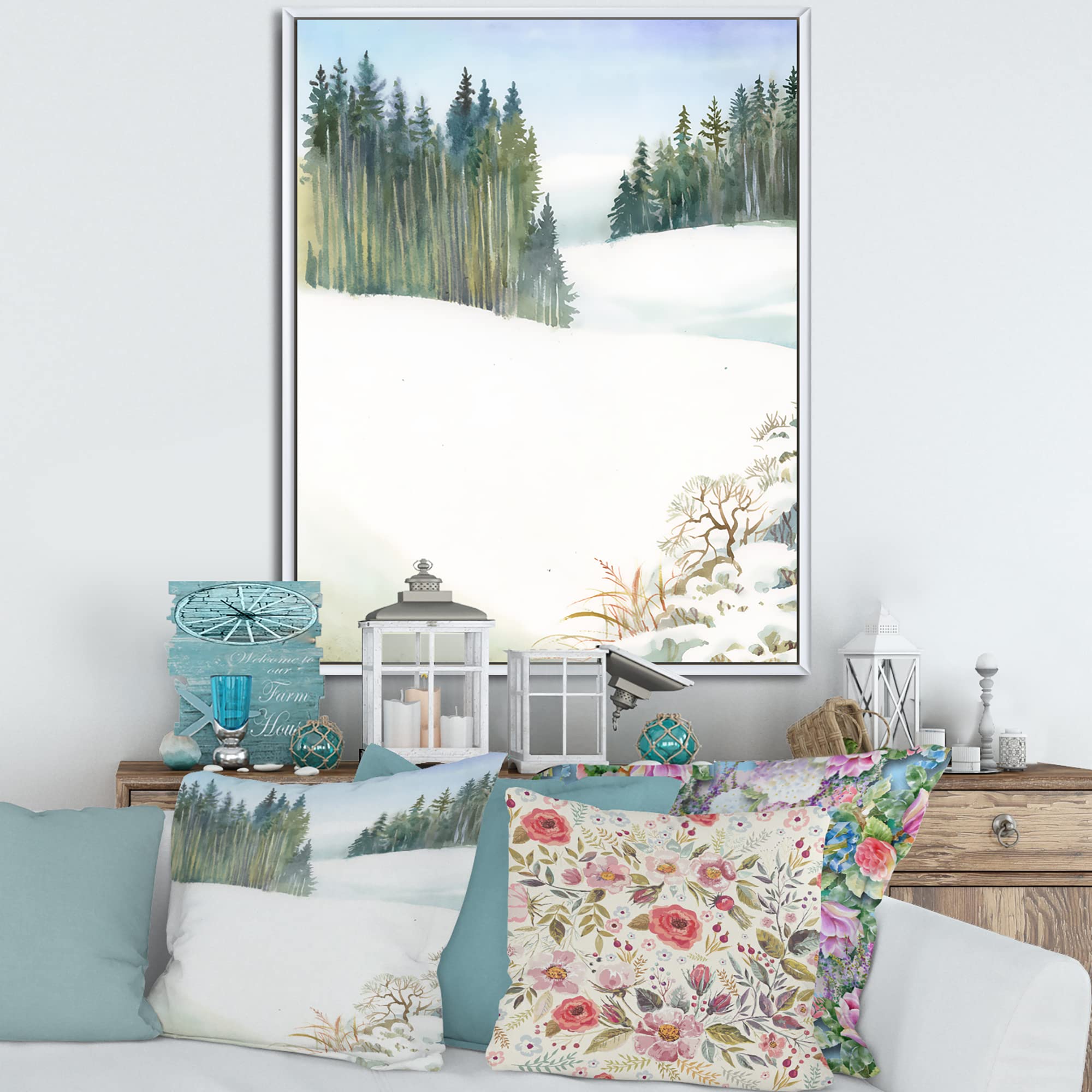 Pine Forest in Snowy Winter Landscape - Traditional Framed Canvas Wall Art Print for Home & Office Decor | Winter Scenery Painting for Living Room, Bedroom, or Gift