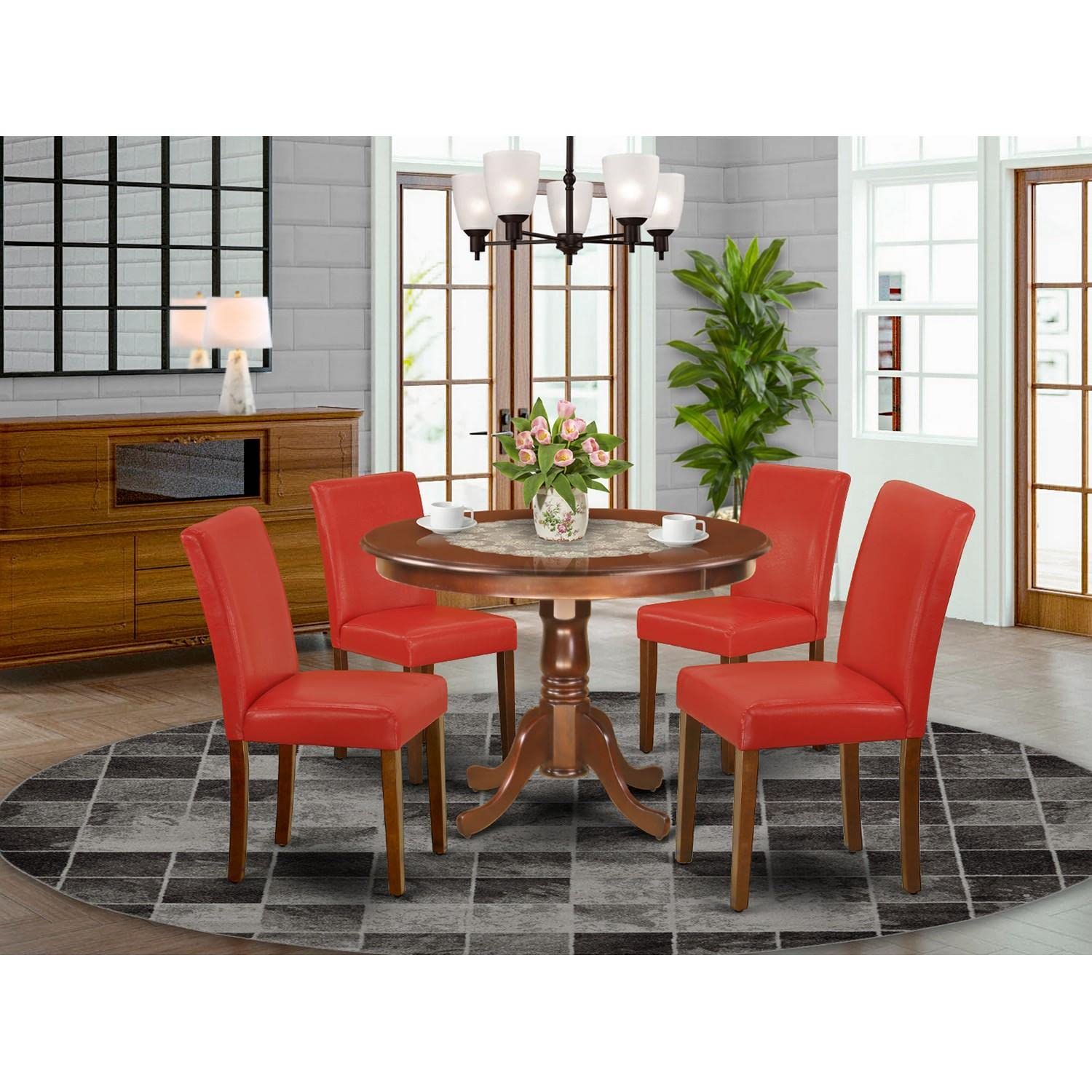 East West Furniture 5-Piece Round Dining Table Set with Pedestal Base & 4 Faux Leather Chairs - 42 Inch Mahogany Table & Firebrick Red Upholstered Seating - Perfect for Small Spaces, Breakfast Nooks & Cozy Family Meals