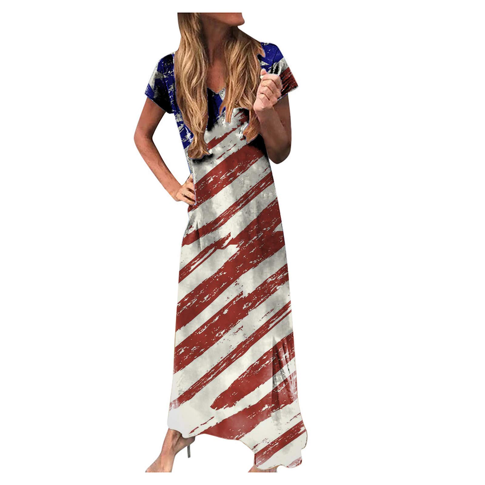 Women's Sexy Striped Casual Maxi Dress - Plus Size Floral Print Long Dress for Independence Day & Summer Parties | Perfect for Beach Vacations, BBQs, and Holiday Celebrations