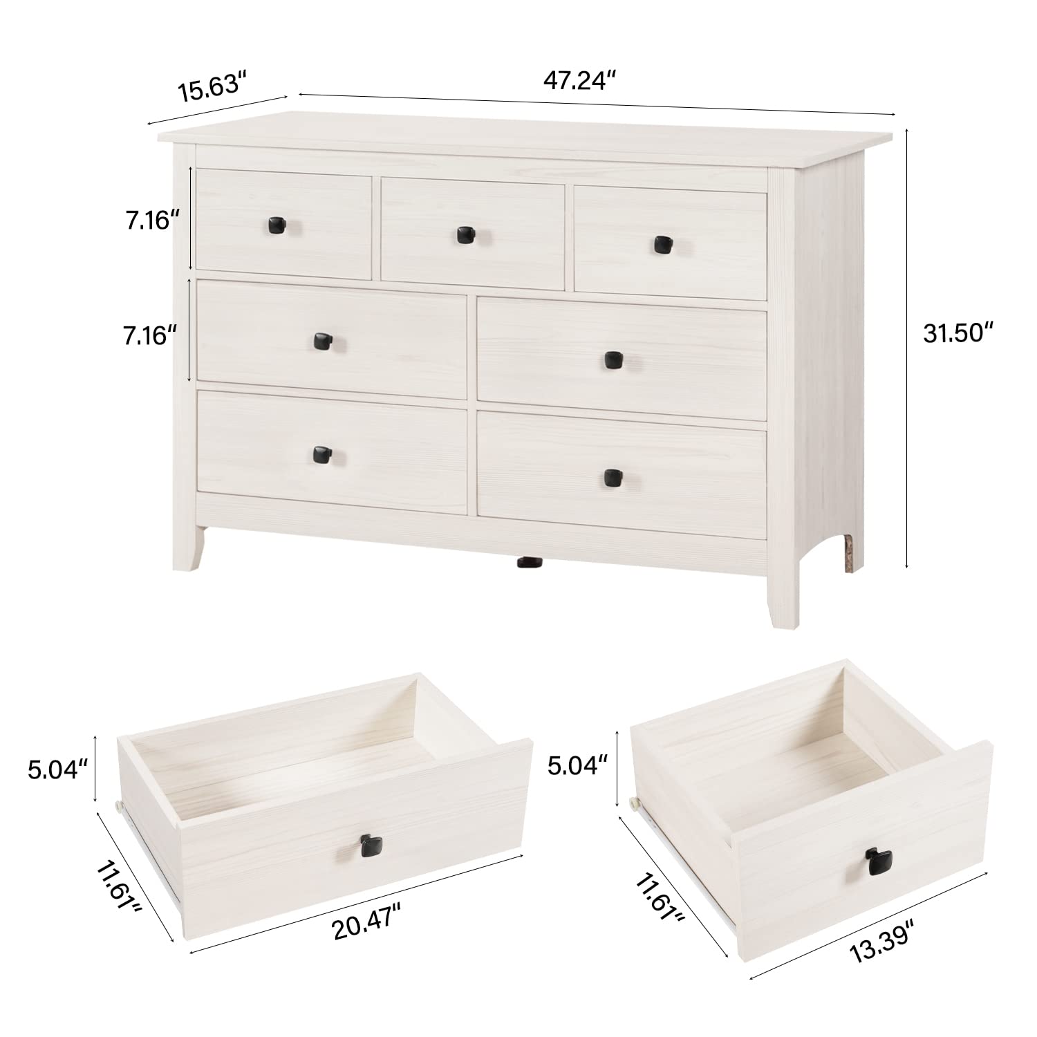 Vikiullf 3-Piece Dresser and Nightstand Set - 7-Drawer Chest & 2-Drawer Nightstands, White Wood Grain Bedroom Storage Furniture for Master Bedroom, Guest Room or Dorm Organization