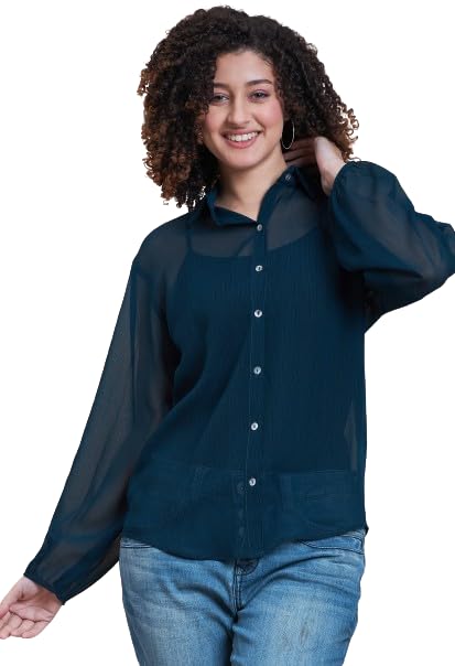 ALL YOURS Women's Solid Sheer Spread Collar Casual Shirt - Stylish Western Tops for Women & Girls | Perfect for Office, Date Night & Everyday Wear