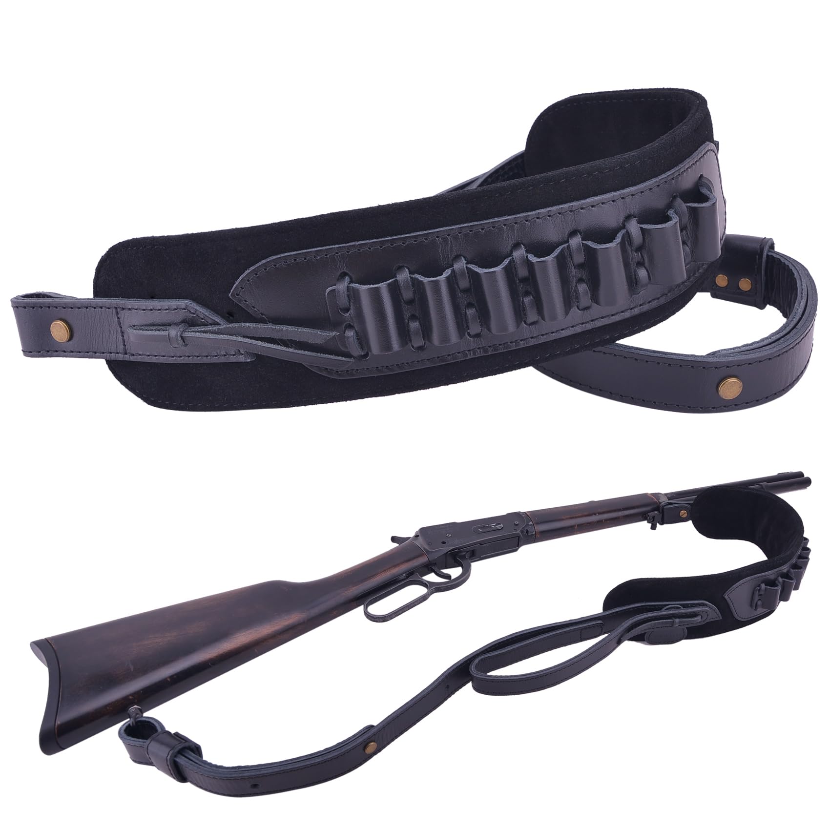 Premium Handmade Leather Rifle Buttstock Cover with Adjustable Gun Sling & Ammo Shell Holder - Hunting, Shooting Range & Outdoor Sports Accessory