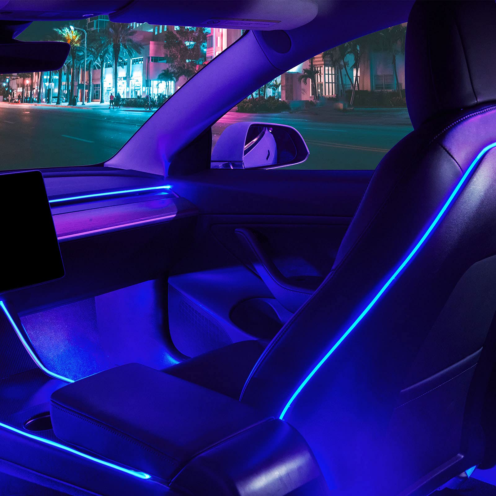 2016-2020 Tesla Model 3 & Y Interior LED Ambient Lighting Kit - APP Controlled Neon Lights (Center Console, Dashboard, Seat Back & 4 Foot Lights) with Matching Armrest Organizer | Customizable Car Mood Lighting for Night Driving & Interior Styling