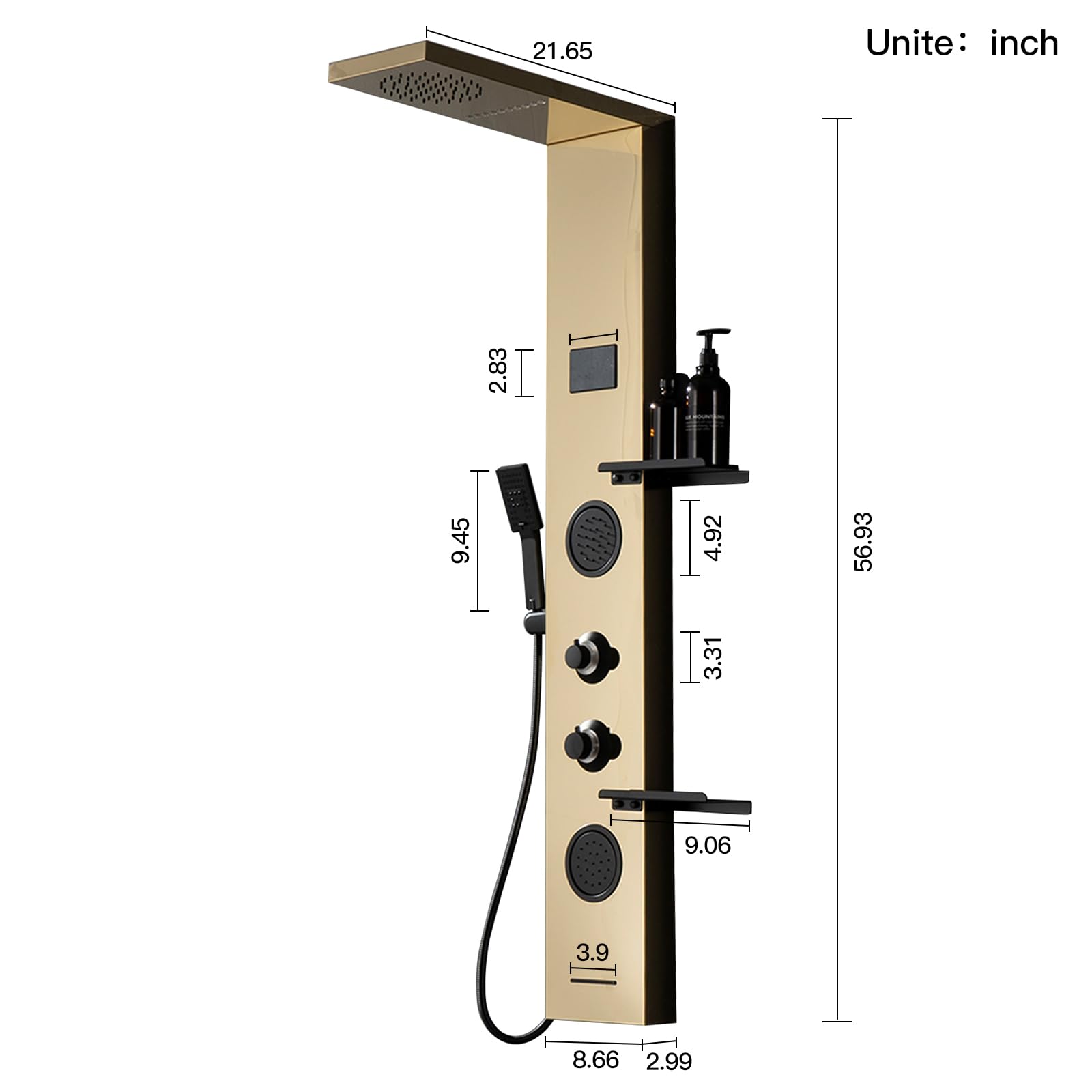 Premium LED Gold Shower Tower System - 304 Stainless Steel Shower Panel with Storage Shelf, Rainfall Shower Head & Massage Body Jets - Luxury Waterfall Bathtub for Modern Bathroom & Lavatory (Perfect for Spa-Like Relaxation & Elegant Home Upgrade)