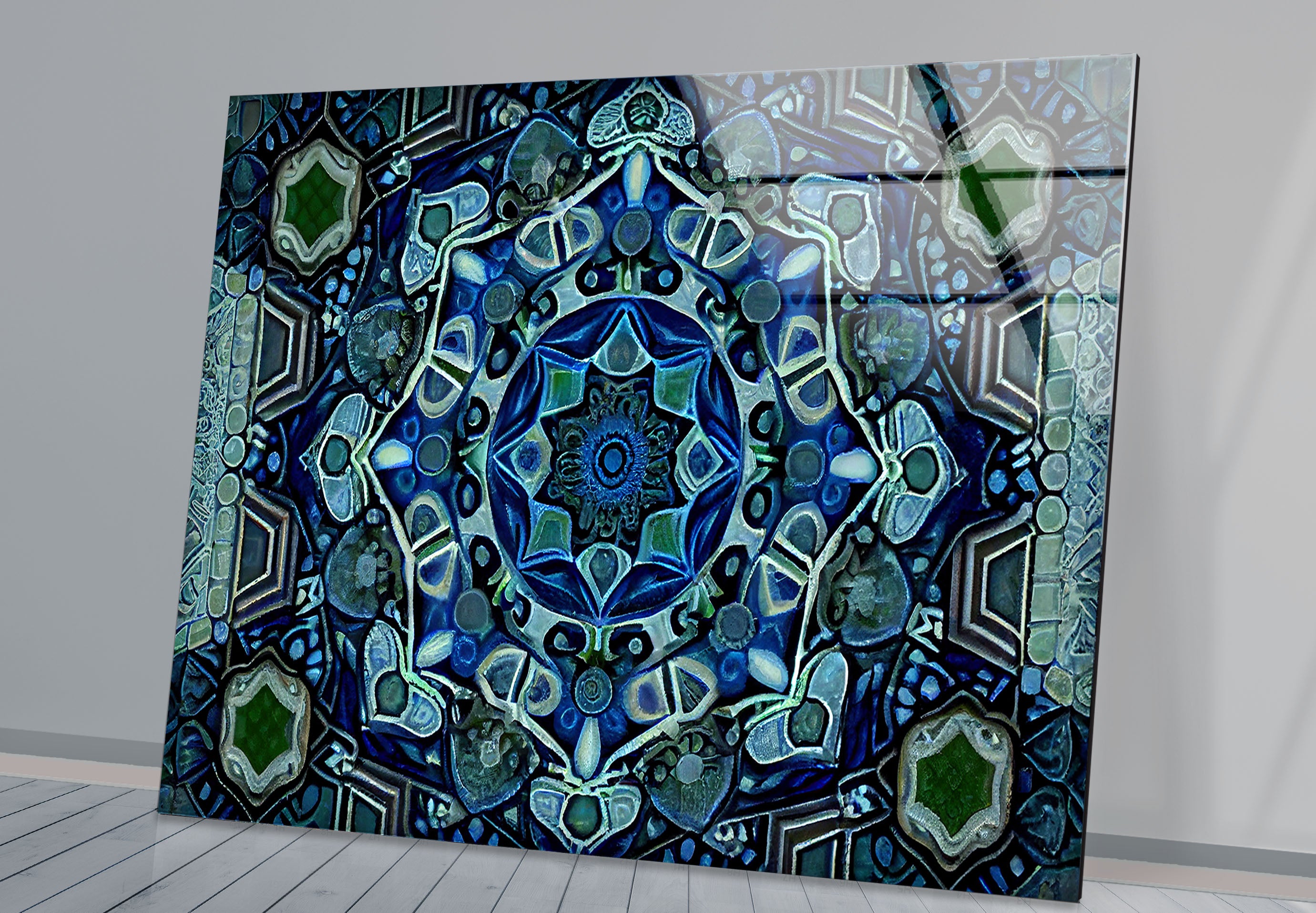 Blue Mandala Glass Wall Art – Handcrafted Intricate Geometric Design for Modern Home & Office Decor | Meditation Room, Yoga Studio & Spiritual Space Decor