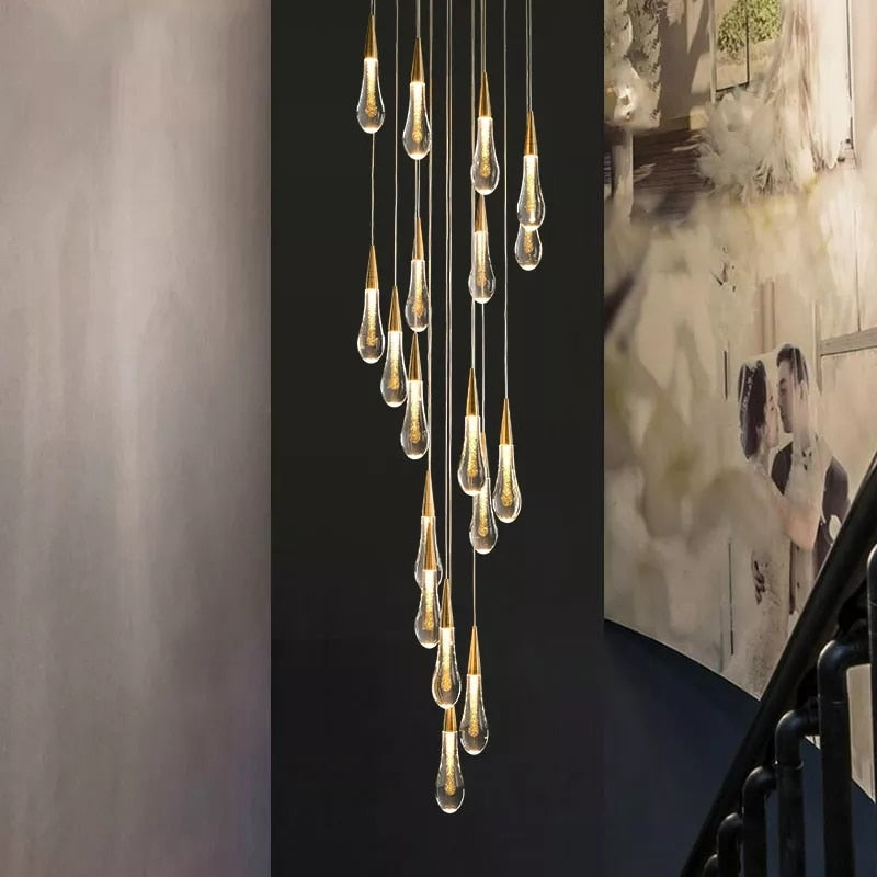 Crystal Drops Staircase Chandelier - Elegant Modern Glass Pendant Light Fixture for Foyer, Stairwell & Grand Entrance Lighting | Dimmable LED Chandelier for Home Decor