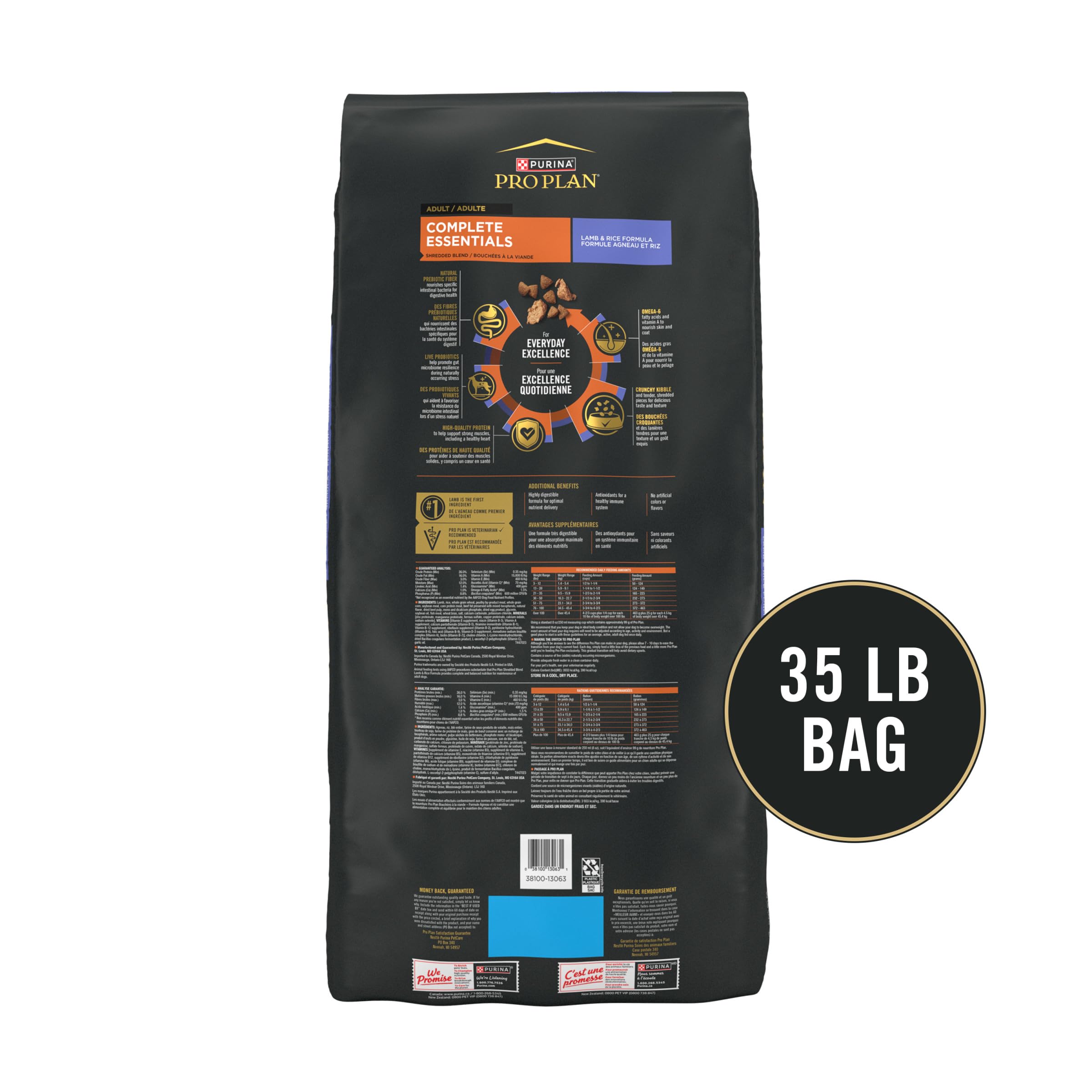 Purina Pro Plan Complete Essentials High Protein Dog Food with Probiotics - Lamb & Rice Shredded Blend for Digestive Health (35 lb Bag) | Premium Nutrition for Adult Dogs, Ideal for Active Pets & Sensitive Stomachs
