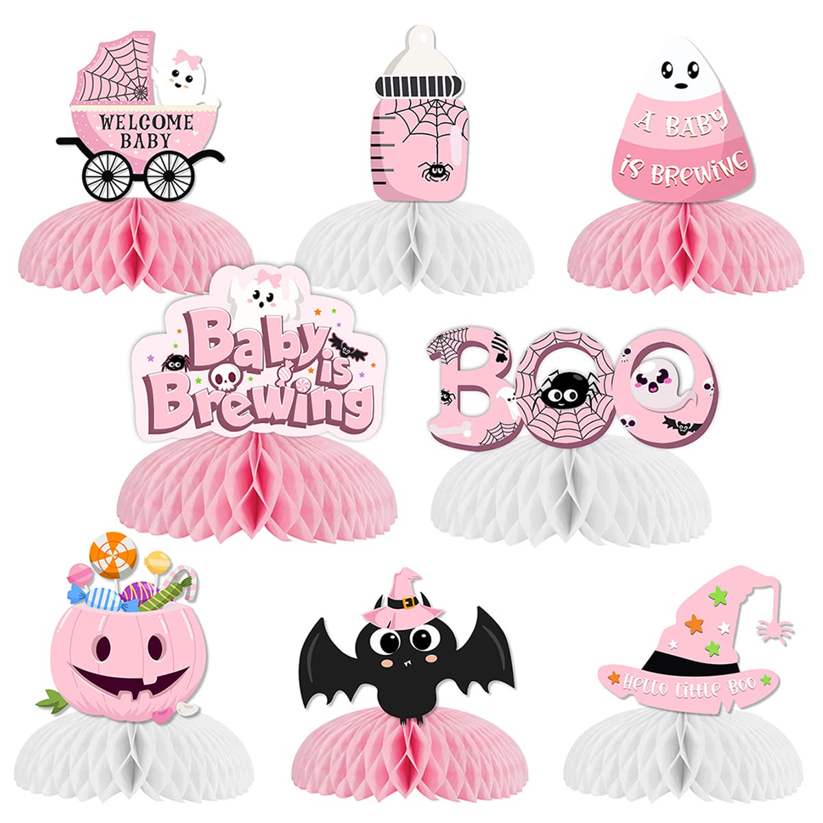 8 Pack Pink Honeycomb Halloween Baby Shower Decorations - 'A Baby is Brewing' Gender Reveal Party Supplies for Pregnancy Celebration, Table Centerpieces & Nursery Decor | Perfect for Baby Shower, Halloween Party & Gender Reveal Events