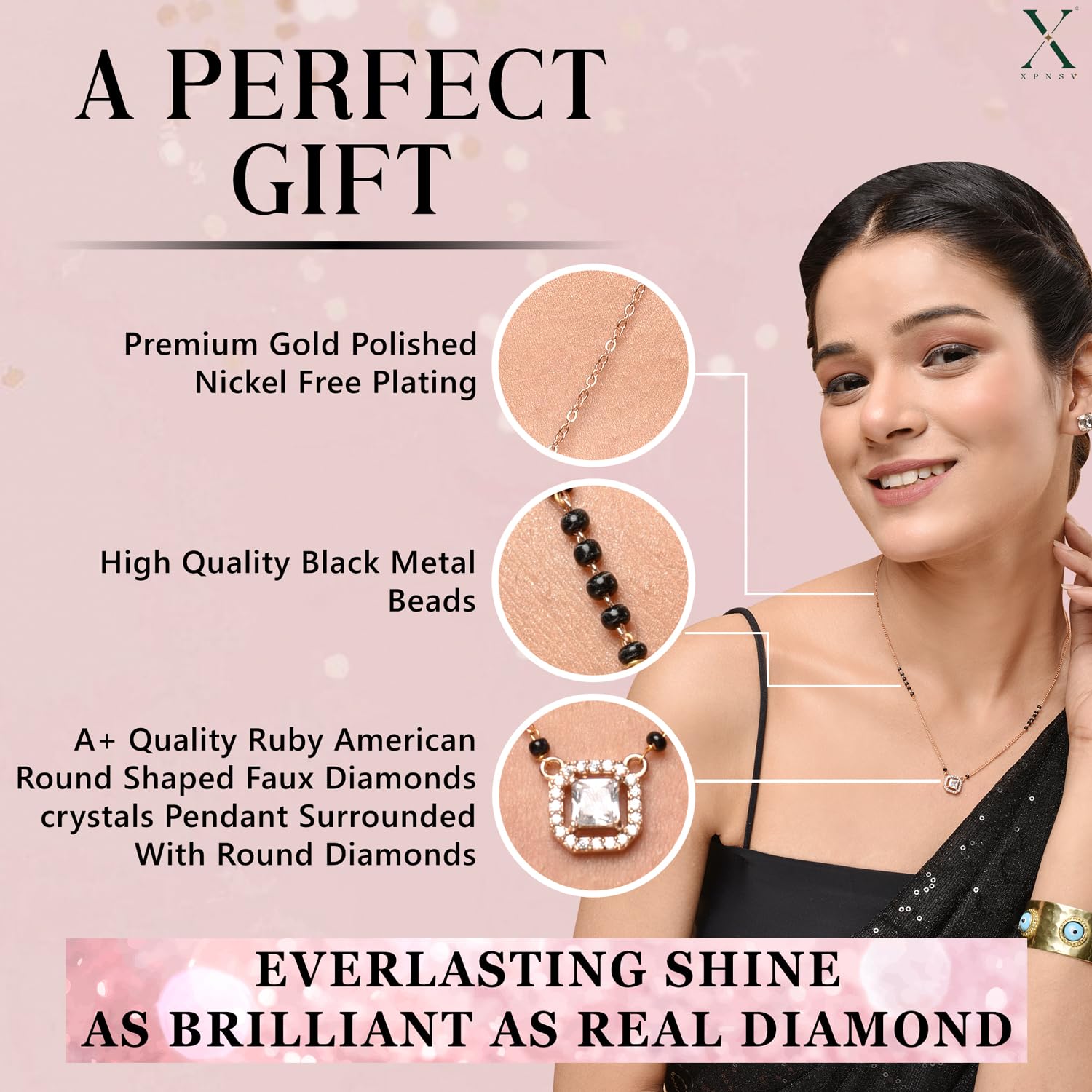 Luxury XPNSV Jewelry AD Pendant Gift Set for Women & Girls - American Diamond Mangalsutra with Traditional Black Beads | 9 Elegant Designs | Perfect for Diwali, Weddings, Anniversaries & Special Occasions