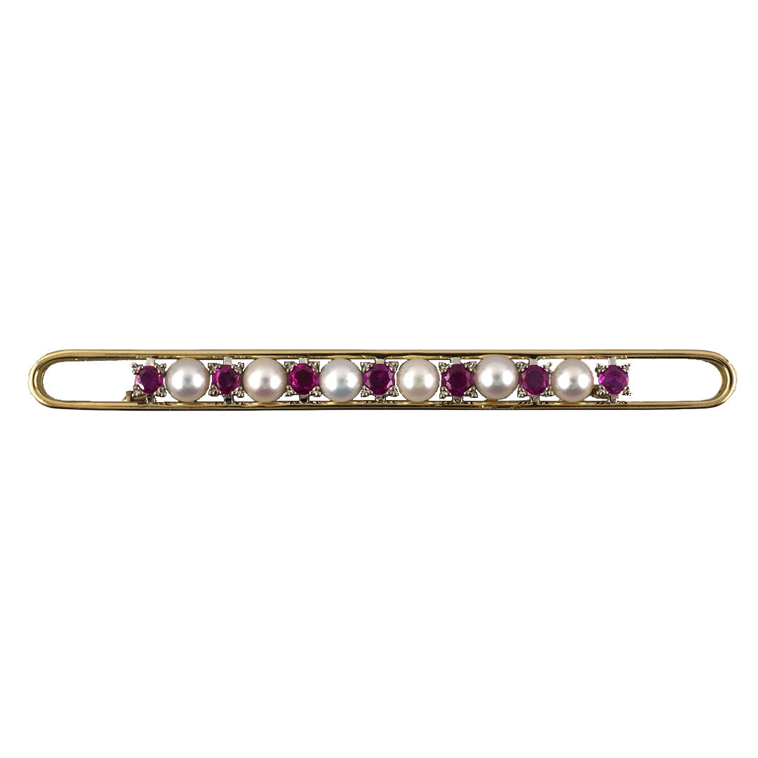 Ruby & Pearl Elongated Open Bar Pin - Elegant Vintage Brooch for Women, Perfect for Weddings, Parties & Special Occasions