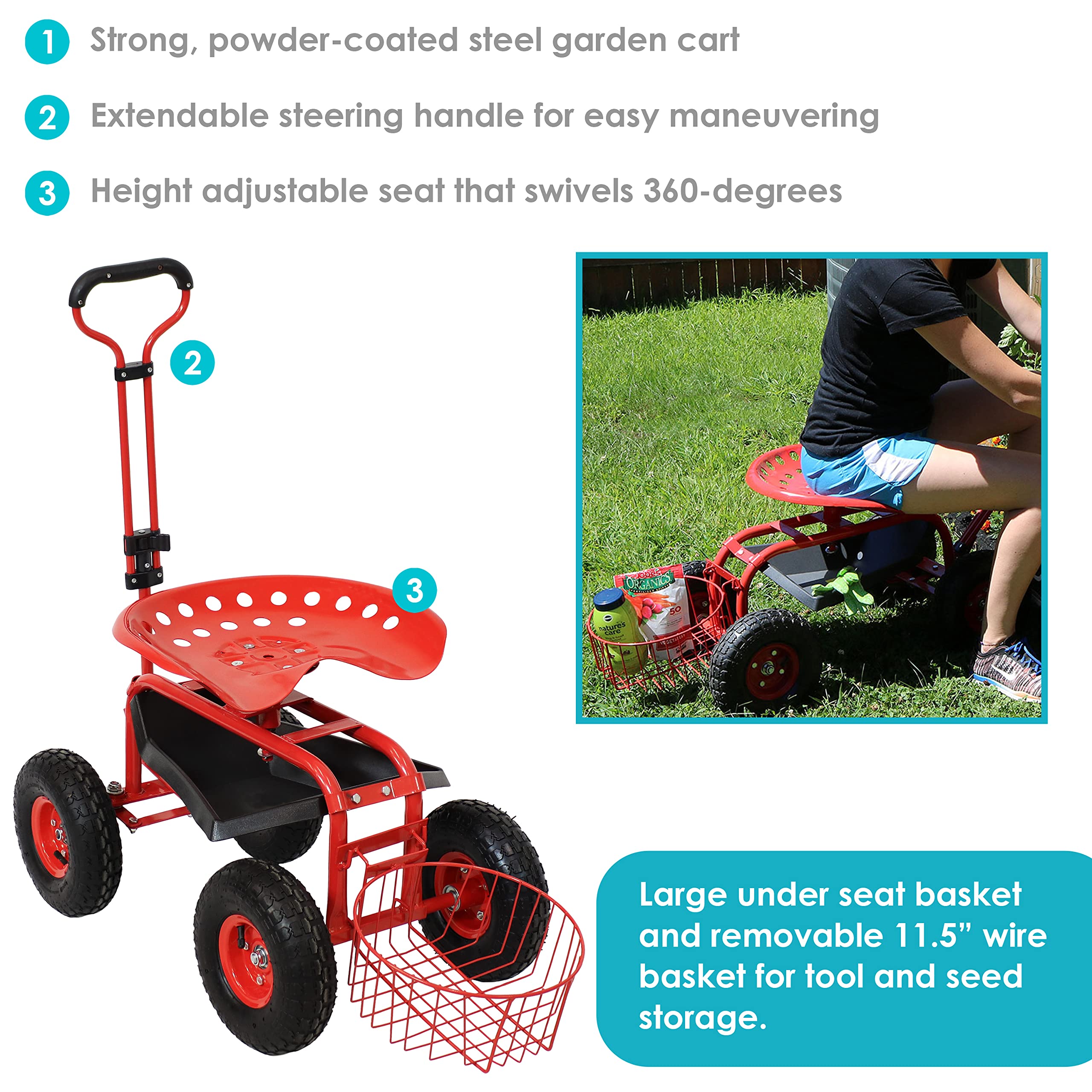 Sunnydaze Rolling Garden Stool with Wheels - Extendable Handle, Swivel Seat & Utility Tray - Red Outdoor Gardening Stool for Planting, Weeding & Yard Work