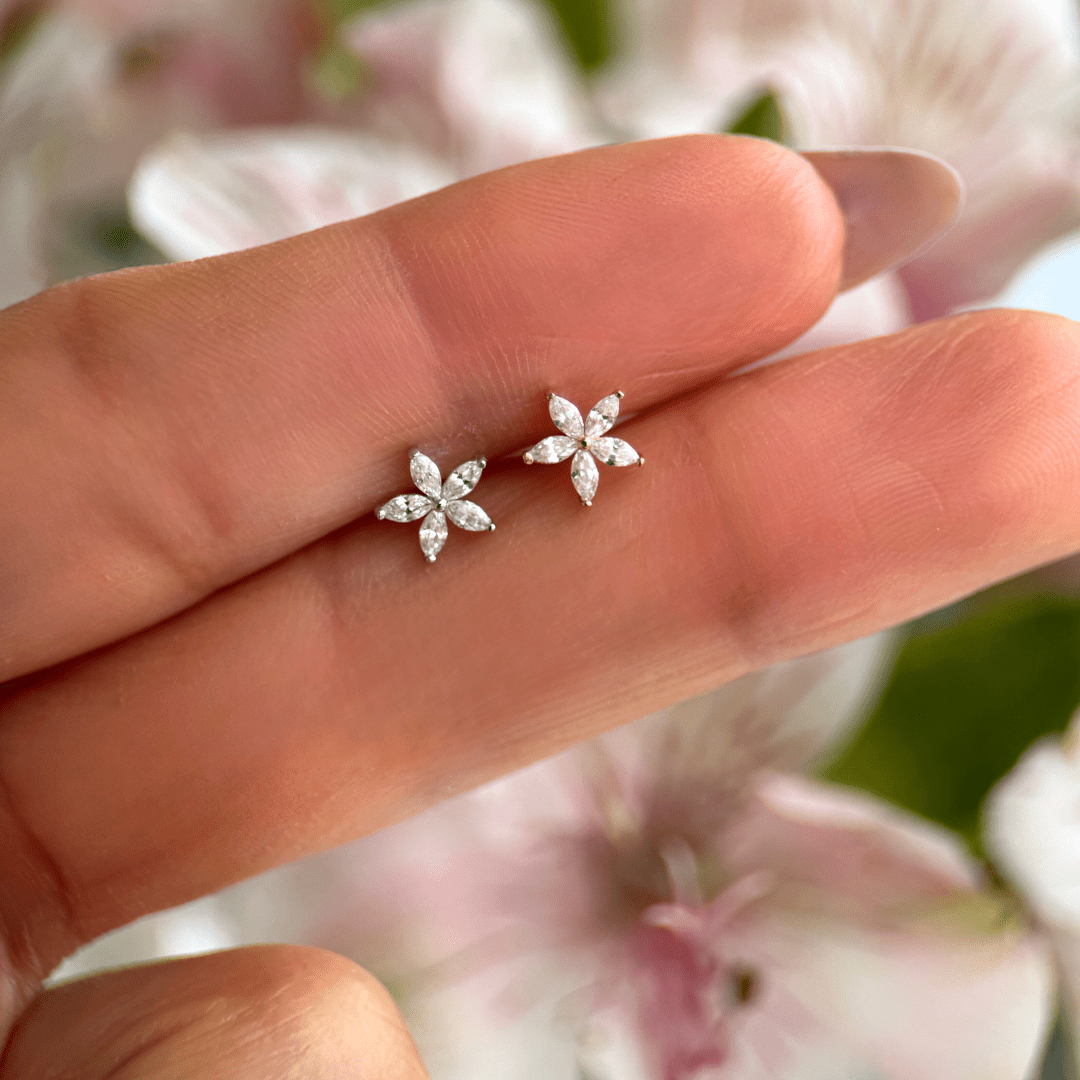 14K Yellow Gold Marquise Flower Flat Back Stud Earrings - Elegant Floral Dainty Jewelry for Women, Perfect for Weddings, Parties & Everyday Wear