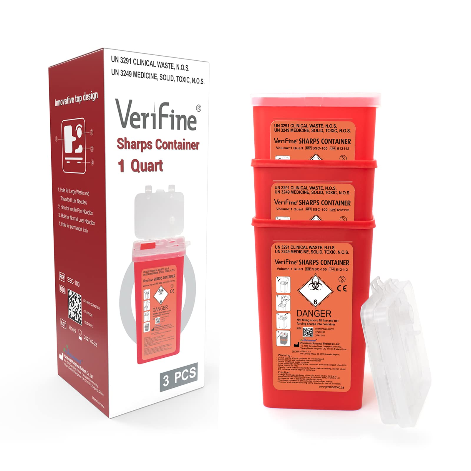1 Quart Sharps Container for Needles - 3 Pack Biohazard Disposal Box | Travel Size, Leak-Proof & FDA Approved | Safe Needle Disposal for Home, Clinic & Travel Use