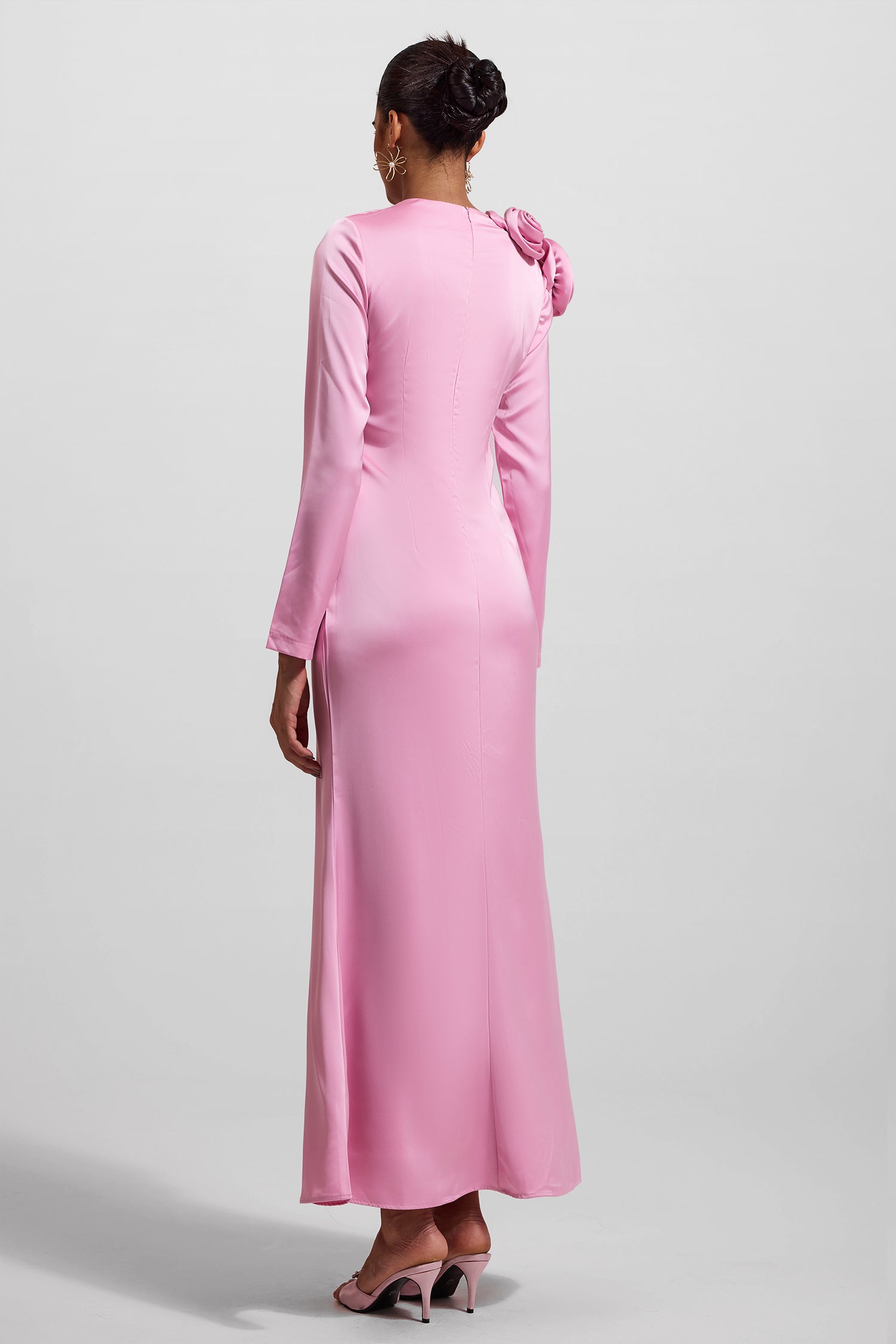 Elegant 3D Floral Print Satin Long Sleeve Midi Dress for Women - Perfect for Weddings, Parties & Special Occasions