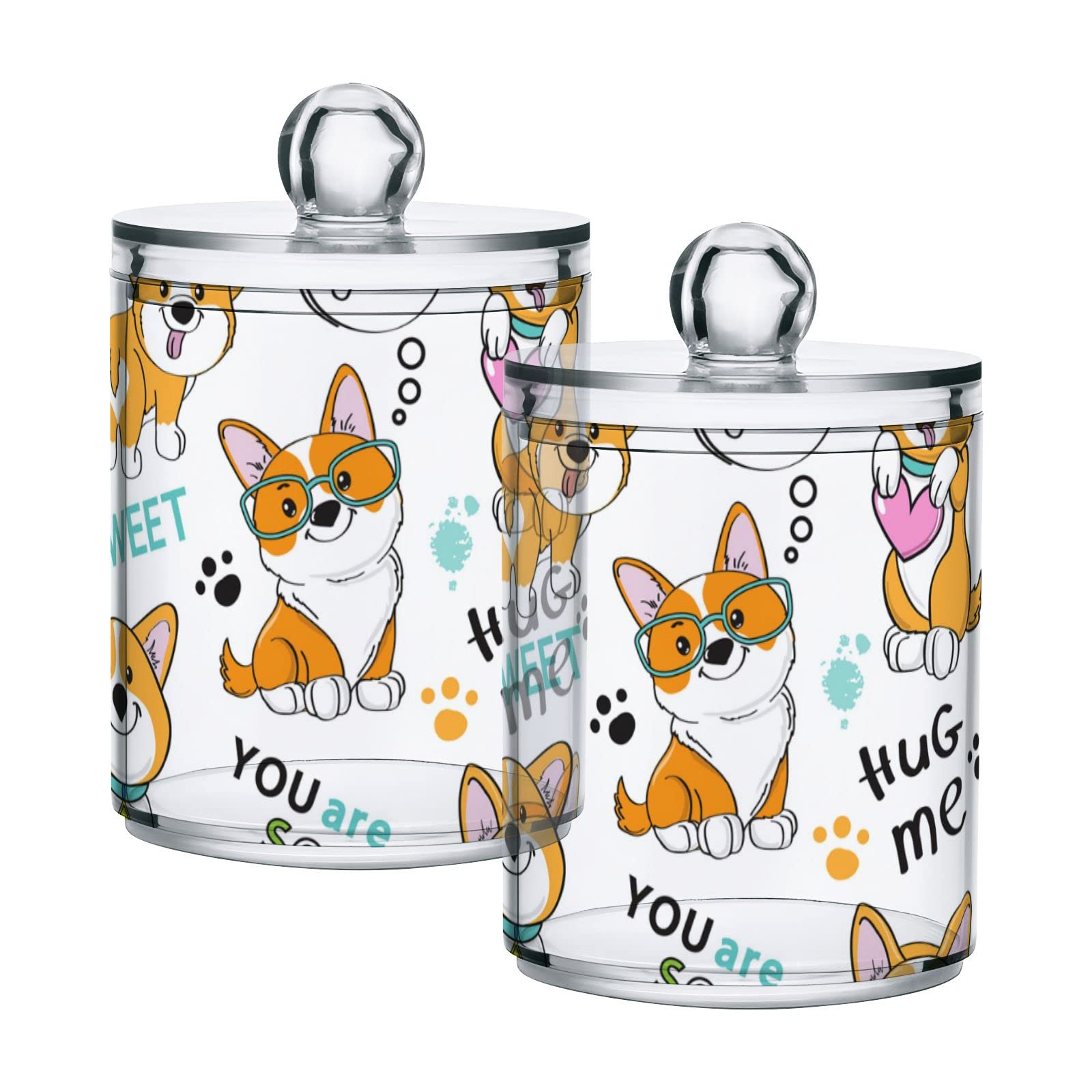 Adorable Corgi Dog Pattern Plastic Storage Jars with Lids - Set of 4 Translucent 10oz Food Containers for Tea, Cookies & Cotton Swabs | Airtight Kitchen & Bathroom Organization