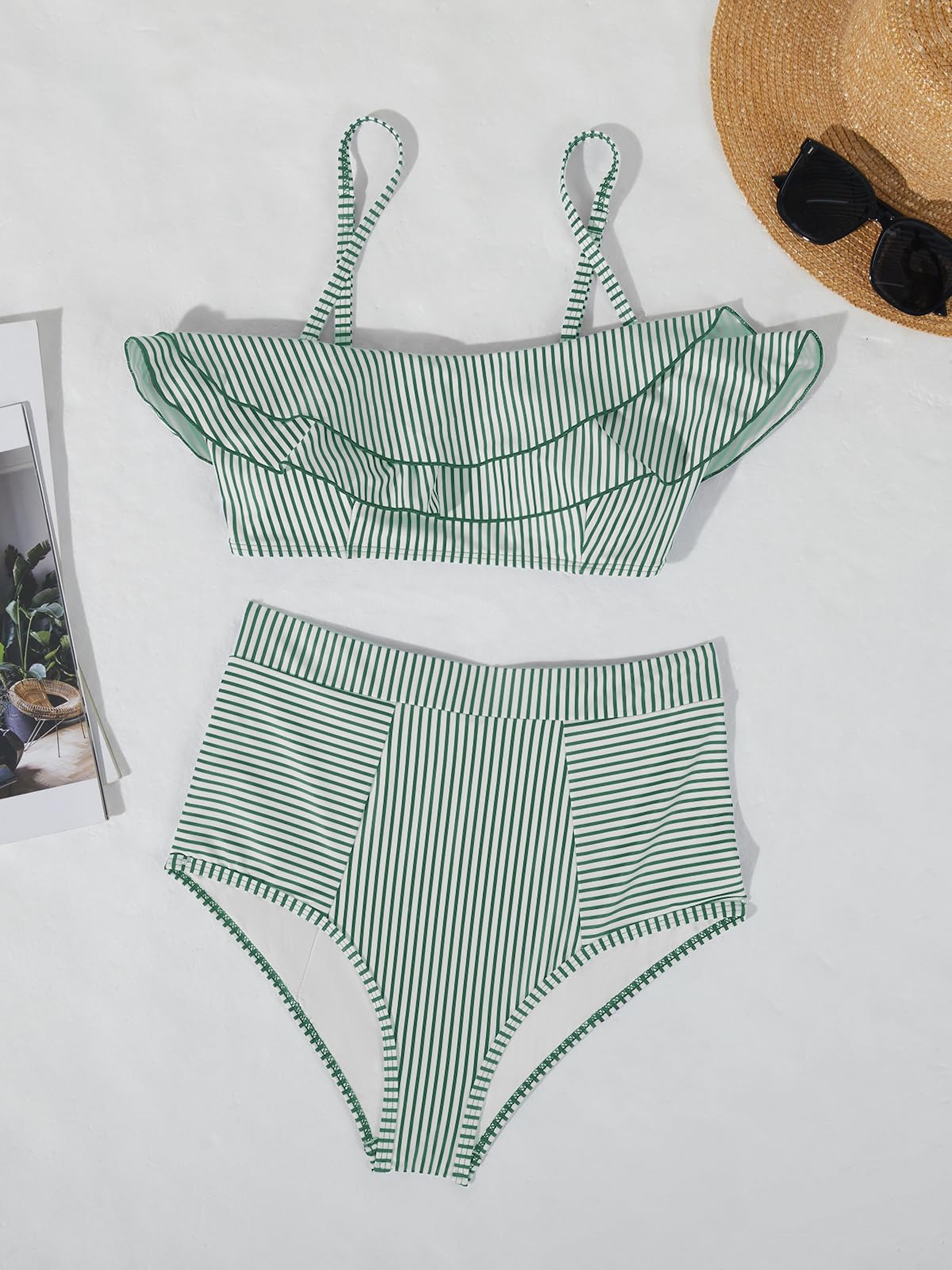 **Saodimallsu Women's High Waisted Bandeau Bikini Set - Ruffle Swimsuit Top & Bottom Two Piece Striped Bathing Suit for Beach, Pool & Vacation**