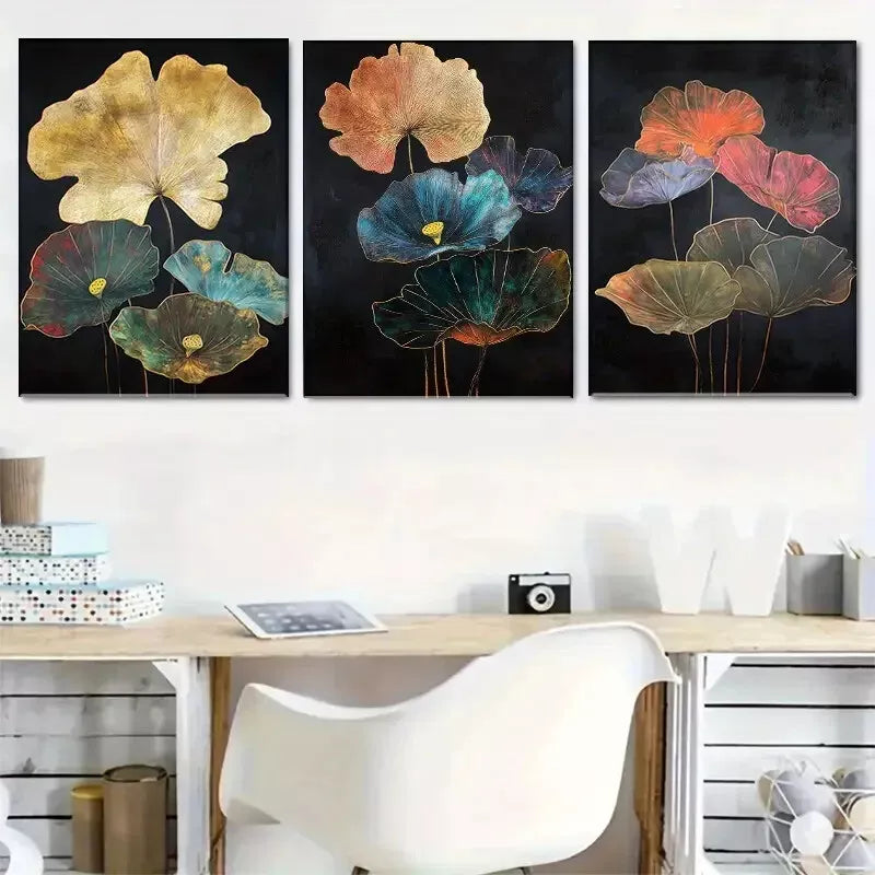 3-Piece Black Floral Art Set with Colorful Metallic Design - 50x70cm Framed Canvas Wall Decor | High Quality Australian Made Print | Ready to Hang for Living Room, Bedroom & Office Decor