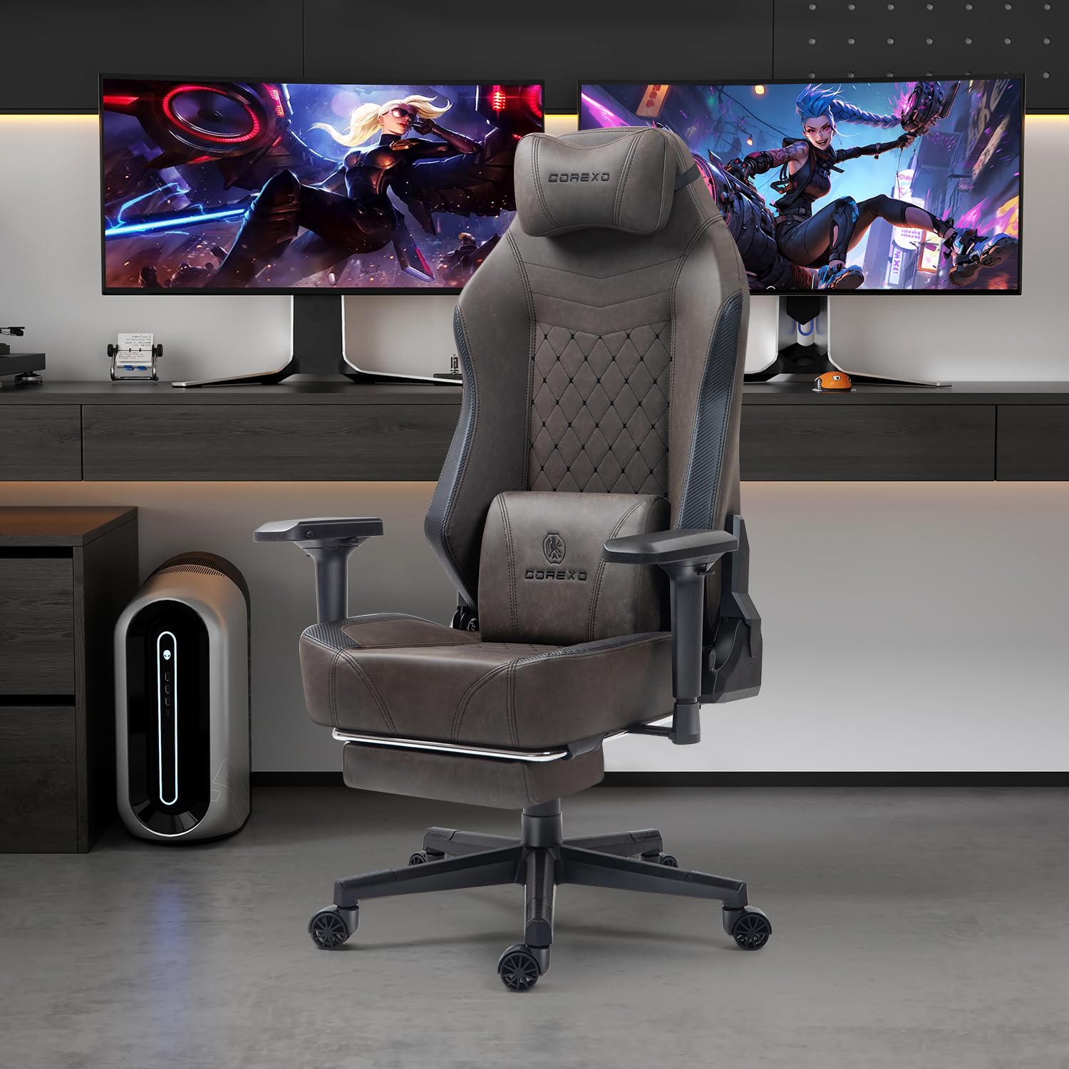 Premium High Back Leather Gaming Chair for Adults - Heavy Duty Ergonomic Office & Video Game Chair with Footrest - 400lbs Weight Capacity (Brown) - Perfect for Esports, Streaming & Home Office Workspaces