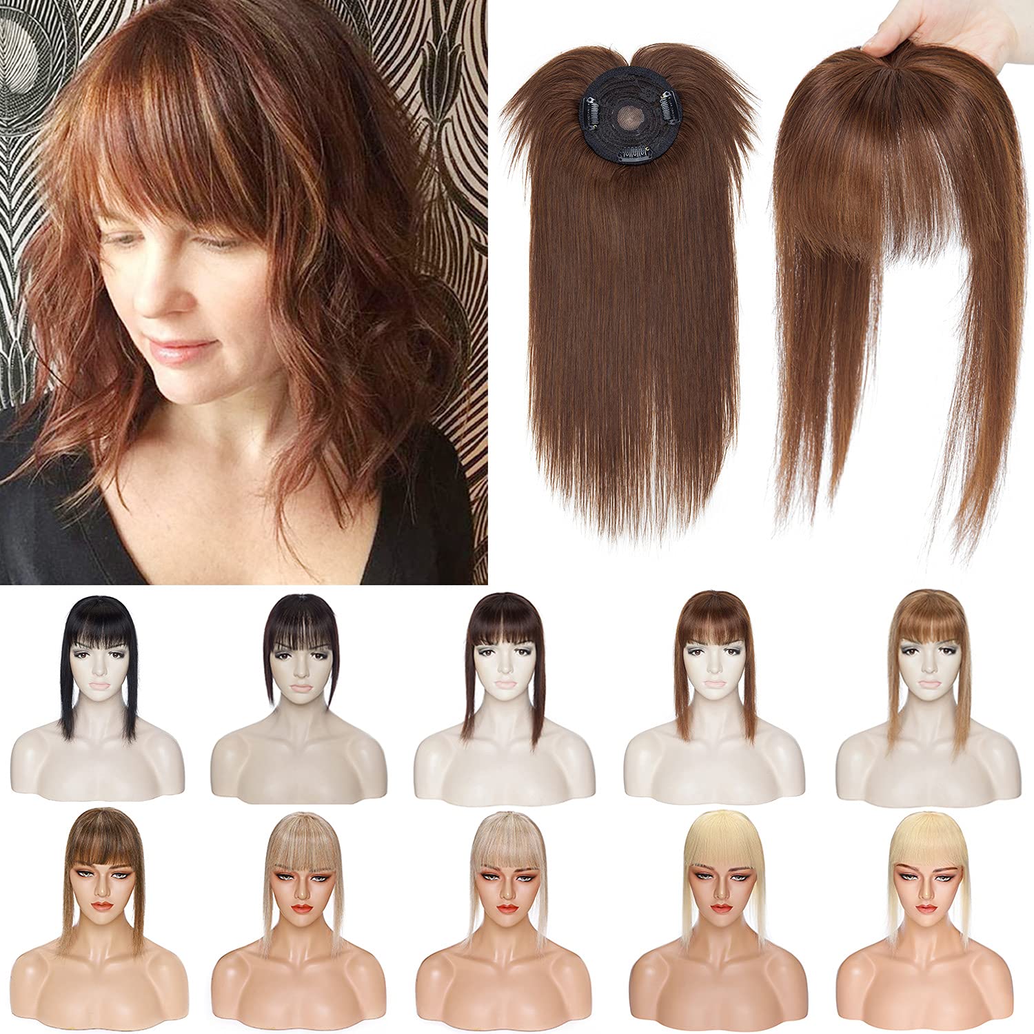 150% Density Human Hair Toppers with Bangs - Mono Base Clip-in Hairpiece for Women with Thinning/Gray Hair (10 Inch, Medium Brown) | Natural Look for Daily Wear, Parties & Special Occasions