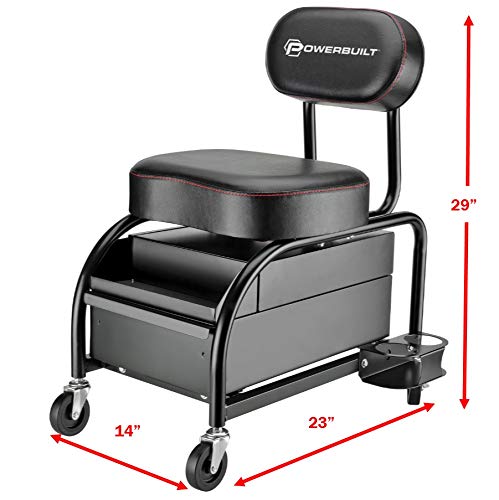 Powerbuilt Professional Car Detailers Mechanics Roller Seat - Heavy Duty Garage Stool with Padded Seat & Backrest, 2 Sliding Storage Drawers, Tool Tray & Cup Holders - 3