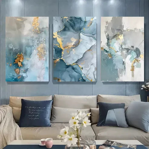 3-Piece Abstract Canvas Wall Art Set - Golden & Blue Framed Paintings 50x70cm | High-Quality Print | 100% Australian Made | Ready to Hang | Perfect for Living Room, Bedroom & Office Decor