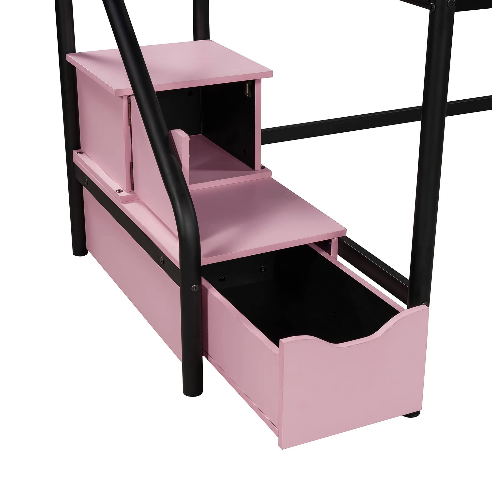 LZ LEISURE ZONE Twin Loft Bed with Storage Steps - Low Profile Metal Bunk Bed Frame, No Box Spring Required (Black & Pink) - Perfect for Kids Rooms, Small Spaces & Dorm Rooms