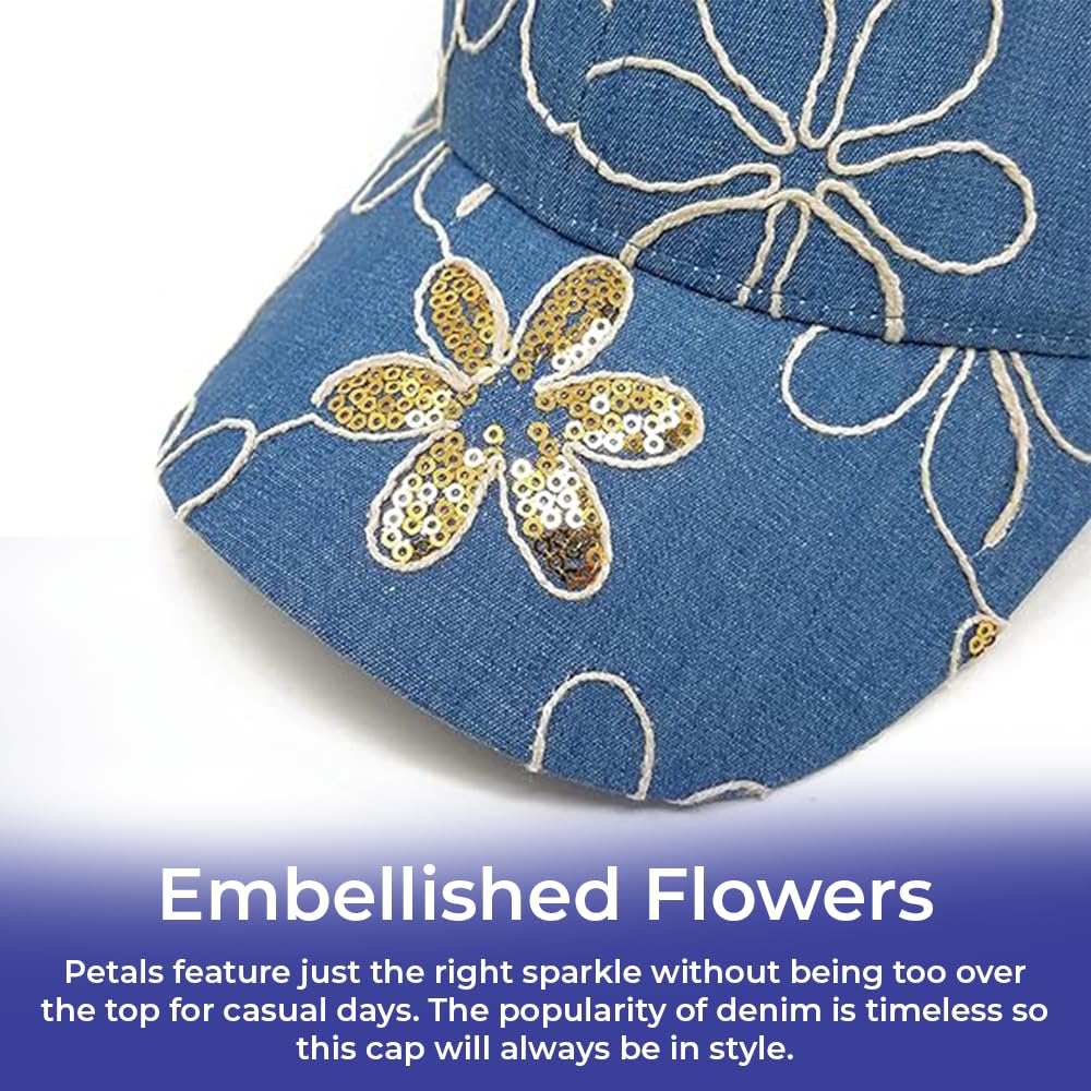 Embroidered Flowers Baseball Cap for Women - Adjustable Denim Hat with Gold Sequin Accents | 100% Cotton Fashion Sun Hat | Perfect for Outdoor Activities, Beach, and Casual Wear