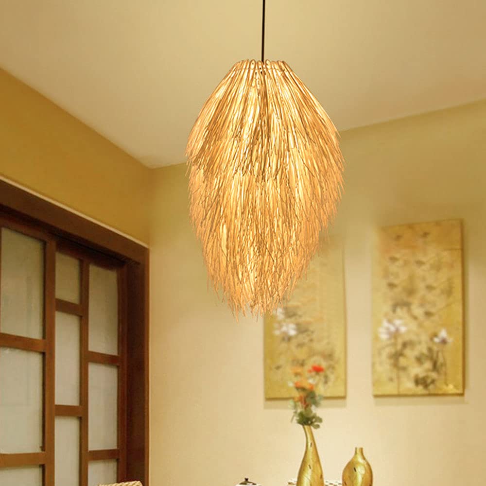 Handwoven Bamboo Chandelier - Rustic Wicker Pendant Lamp for Kitchen, Living Room & Dining Room | Asian Style Hanging Light Fixture | Perfect for Farmhouse, Zen Decor & Indoor Lighting