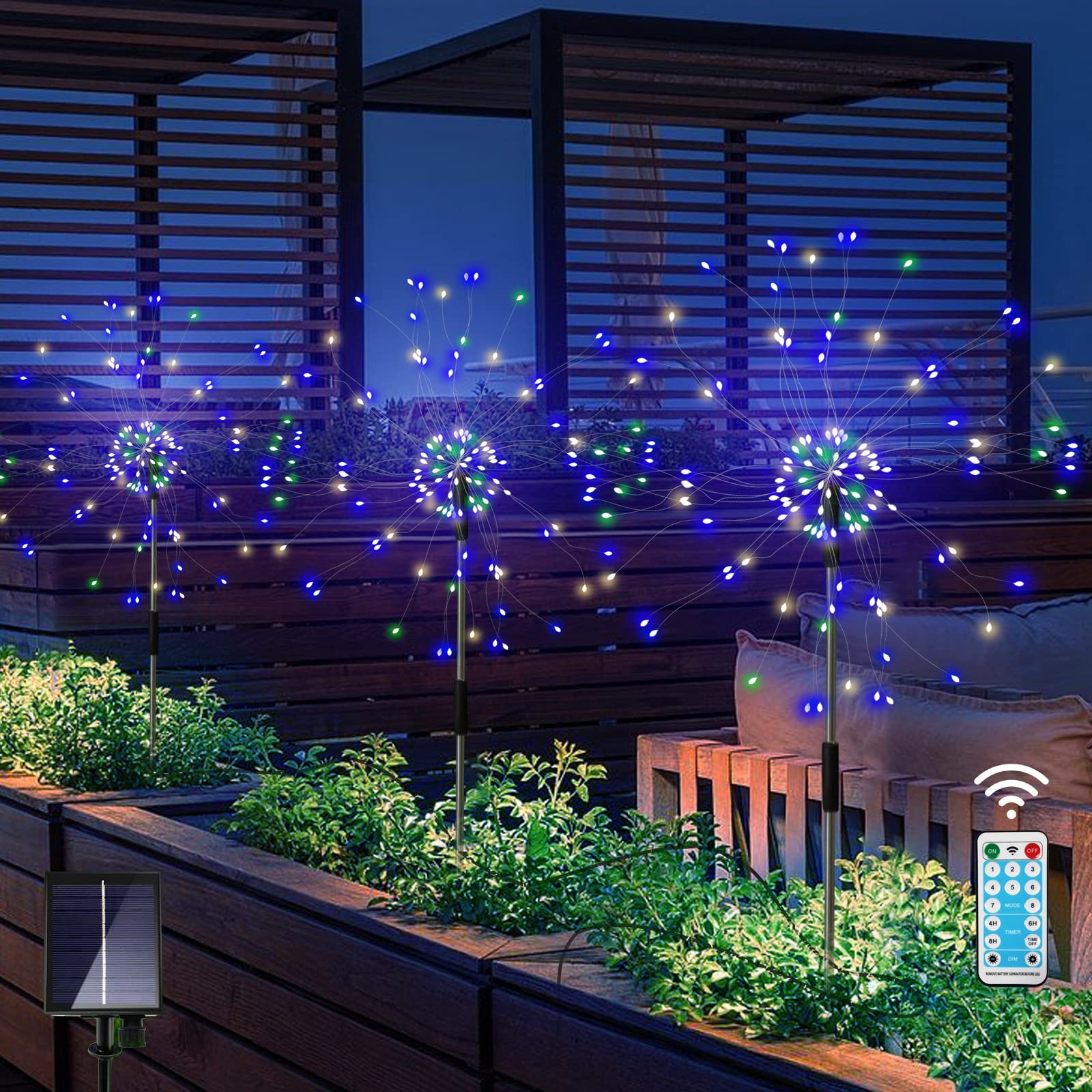 360 LED Solar Fireworks Lights Outdoor - 3 Pack Waterproof Solar Garden Lights with Remote, 8 Lighting Modes for Pathway, Patio, Yard, Lawn & Party Decorations (Multicolor) | Perfect for Garden Lighting, Landscape Decoration & Outdoor Events
